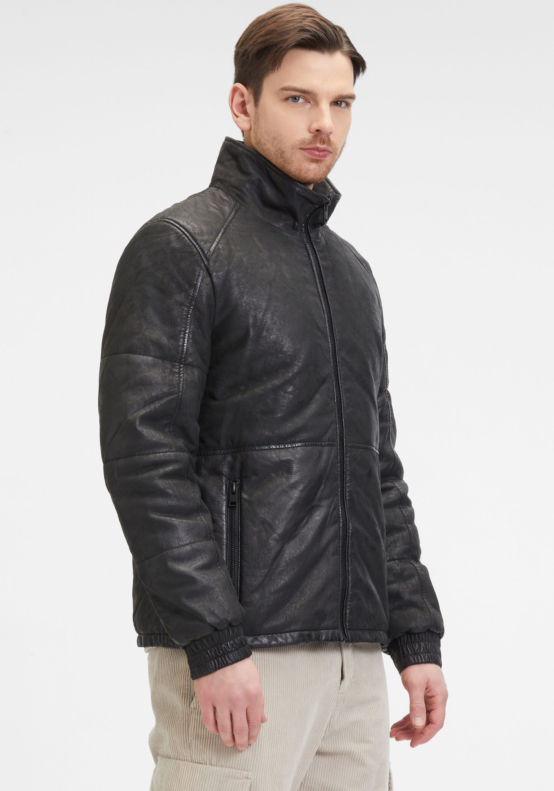 Mauritius Lederjacke G2MAbito OS mit Kapuze, Reißverschluss, Raglanärmeln, Wattierung