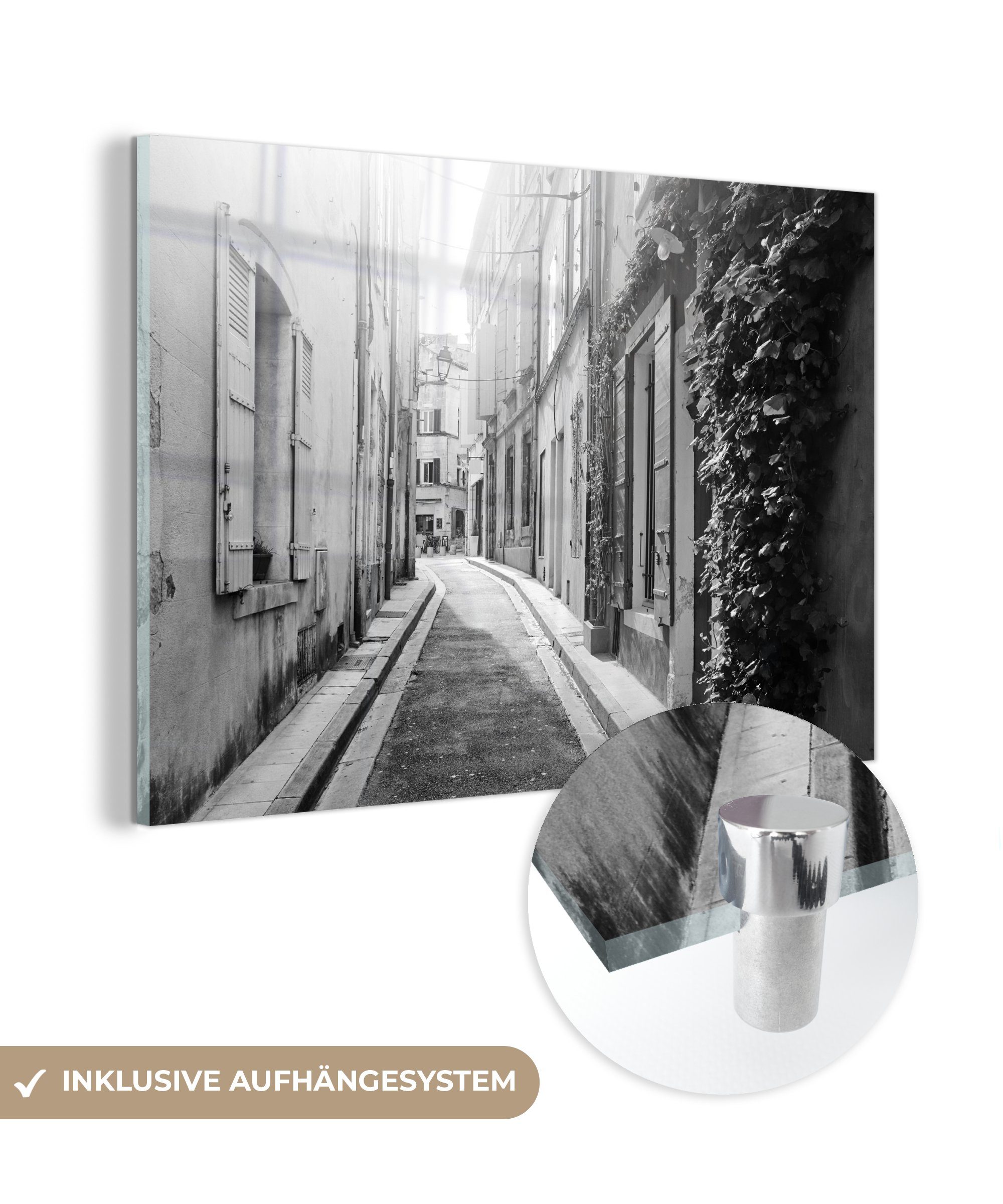 MuchoWow Acrylglasbild Frankreich - Schwarz - Weiß - Lane, (1 St), Acrylglasbilder Wohnzimmer & Schlafzimmer