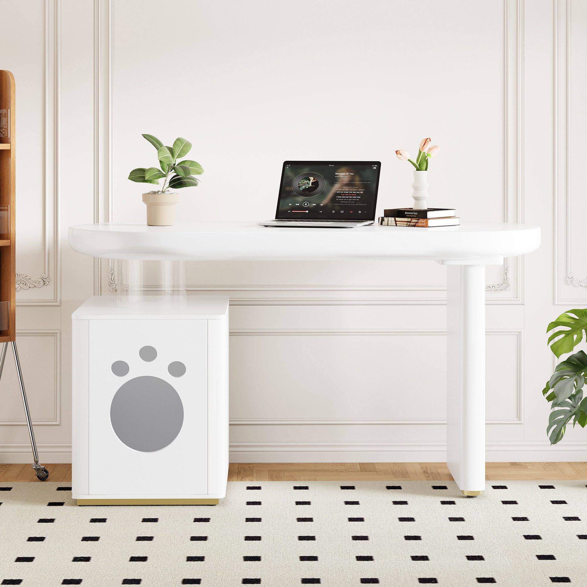 Merax Schreibtisch mit Haustierbett, Abgerundete Kanten (1-St., Computertisch, Bürotisch, Arbeitstisch, Haustierhöhle), für Katzen & Hunde, 117×50×76 cm, Weiß