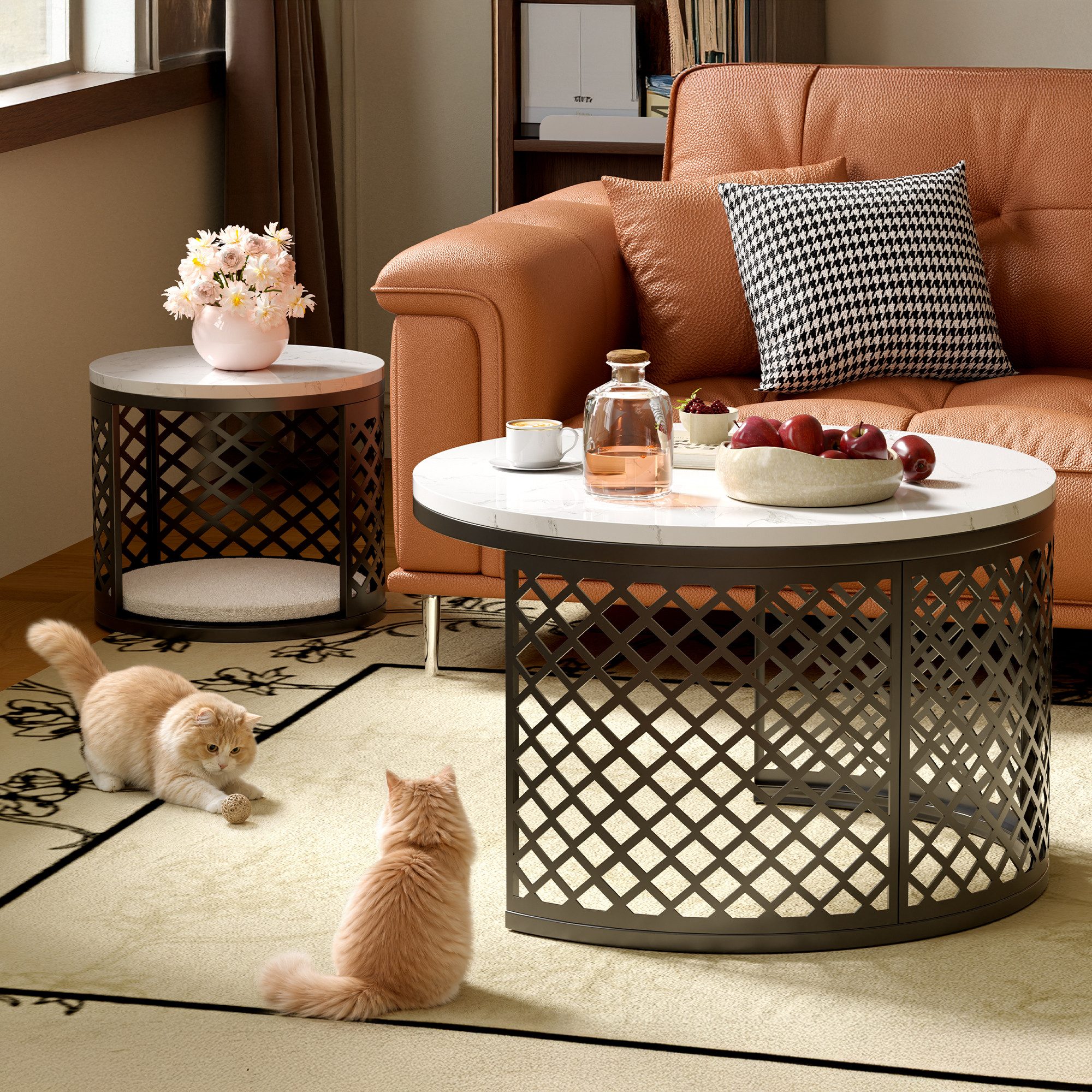 STILVORA Couchtisch Wohnzimmertisch für couch Sofatisch mit Haustierbereich&Haustiermatte (2-teilig, groß+klein, stapelbar, Marmoroptik, Ø70×H45 & Ø45×H35, Tierpolster abnehmbar, 	Hitzebeständig bis 200 °C), für Wohnzimmer, Familien, Haustiere, flexible kleine Räume