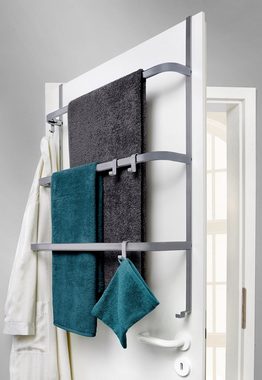 IC HomeDeco Türregal Tür-Handtuchhalter aus Metall mit 3 Handtuchstangen und 4 Haken, Tür-Aufbewahrung, aus Metall, mit Aufhängehaken, universell passend für alle handelsüblichen Türen, 2-Wege Aufhängung, kein Bohren, Farbe: grau
