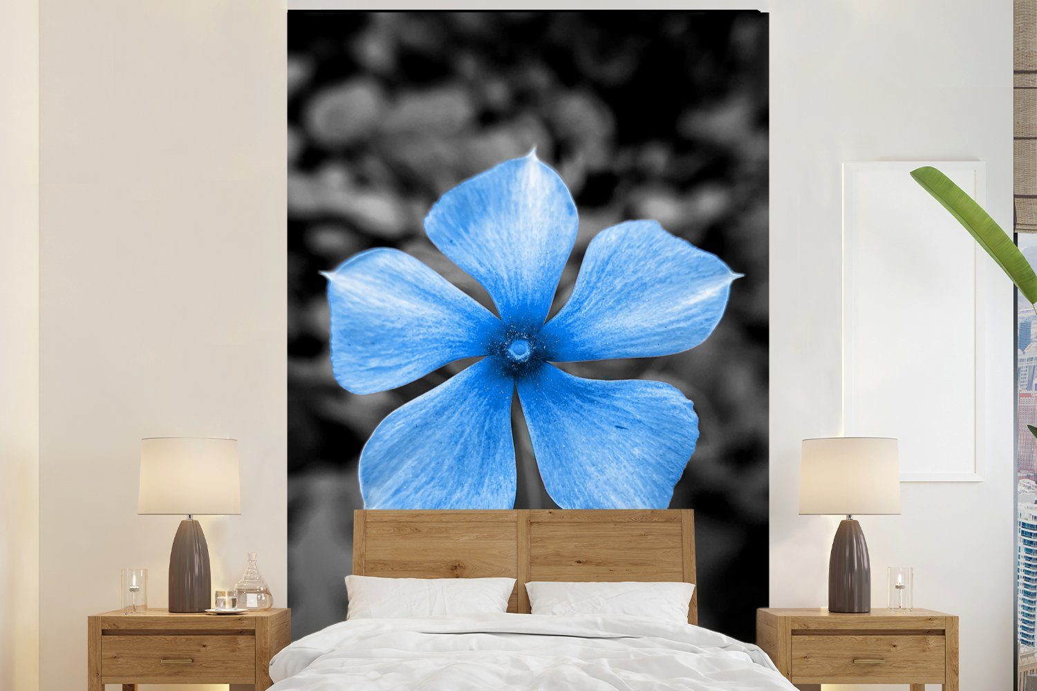 MuchoWow Fototapete Blumen - Blau - Schwarz - Weiß, Matt, bedruckt, (3 St), Montagefertig Vinyl Tapete für Wohnzimmer, Wandtapete