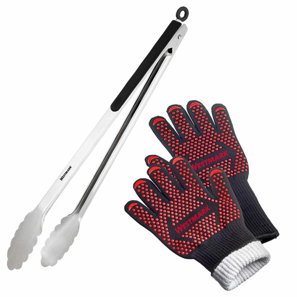 WESTMARK Grillhandschuhe im Set, Handschuhe hitzebeständig bis 350°C, inkl. Grillzange, rostfrei, solide Verarbeitung