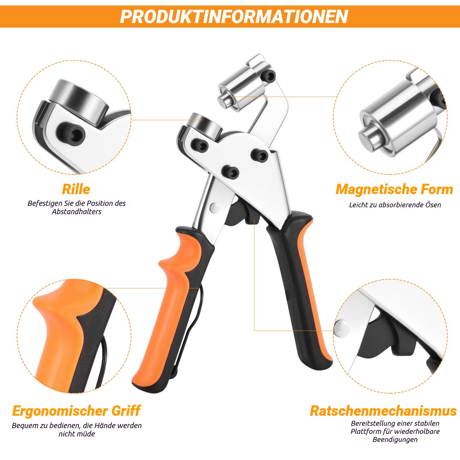 BlingBin Ösenzange Lochzange Set mit 500 Ösen (10mm), Magnetische Ösenpresse, 1er Set 1-tlg., Material: Eisen + ABS, Profi Nietenzange für Planen, PVC-Banner, Karton, Leder, Gürtel
