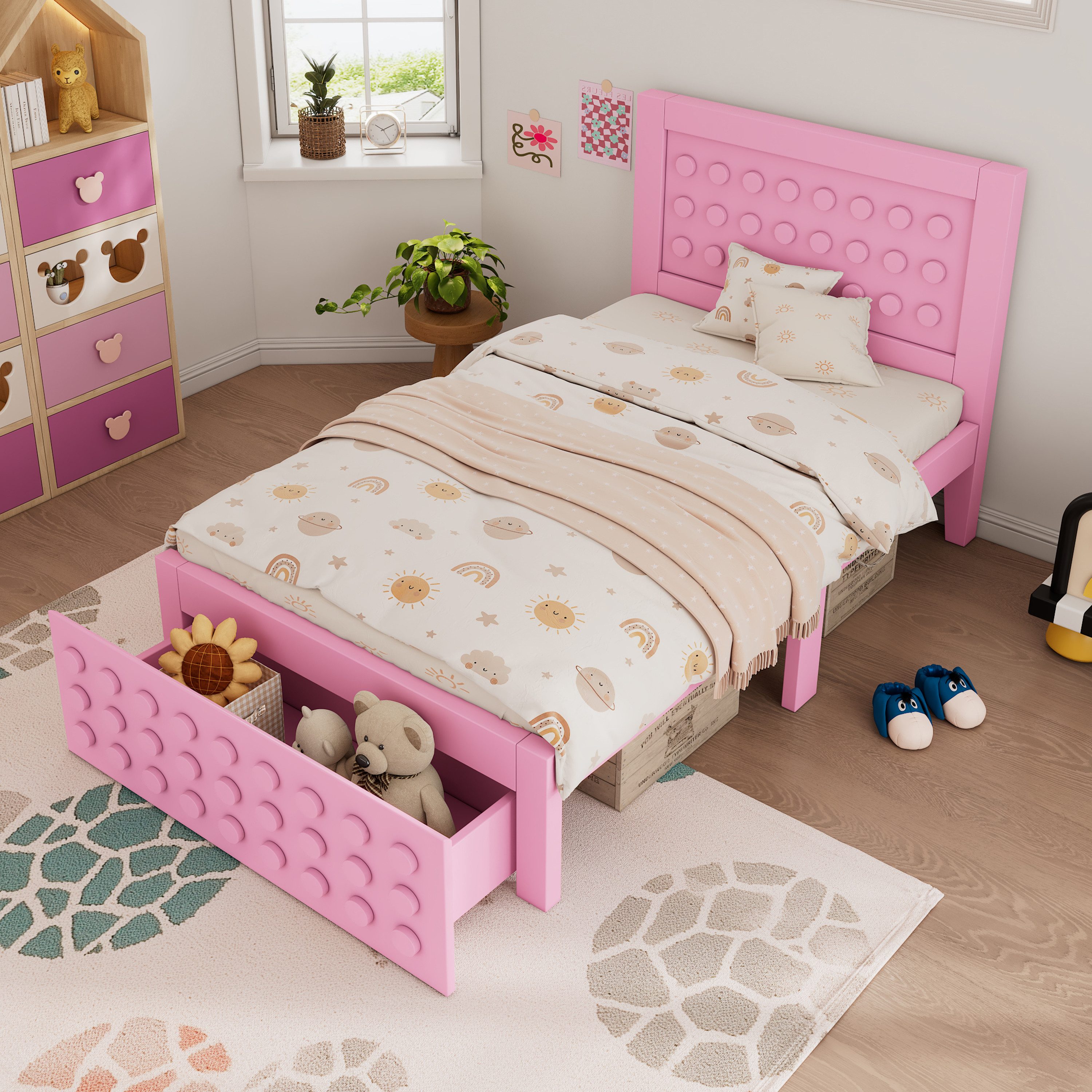Flieks Kinderbett, Holzbett Einzelbett 90x200cm Bausteine-Form günstig online kaufen
