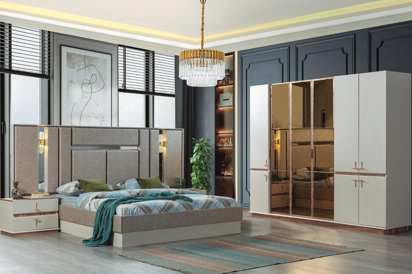 Xlmoebel Komplettschlafzimmer Designer Bett und Holz Kleiderschrank mit Nachttischen Set, (Komplettschlafzimmer, 4-tlg., Komplettschlafzimmer), Made in Europa