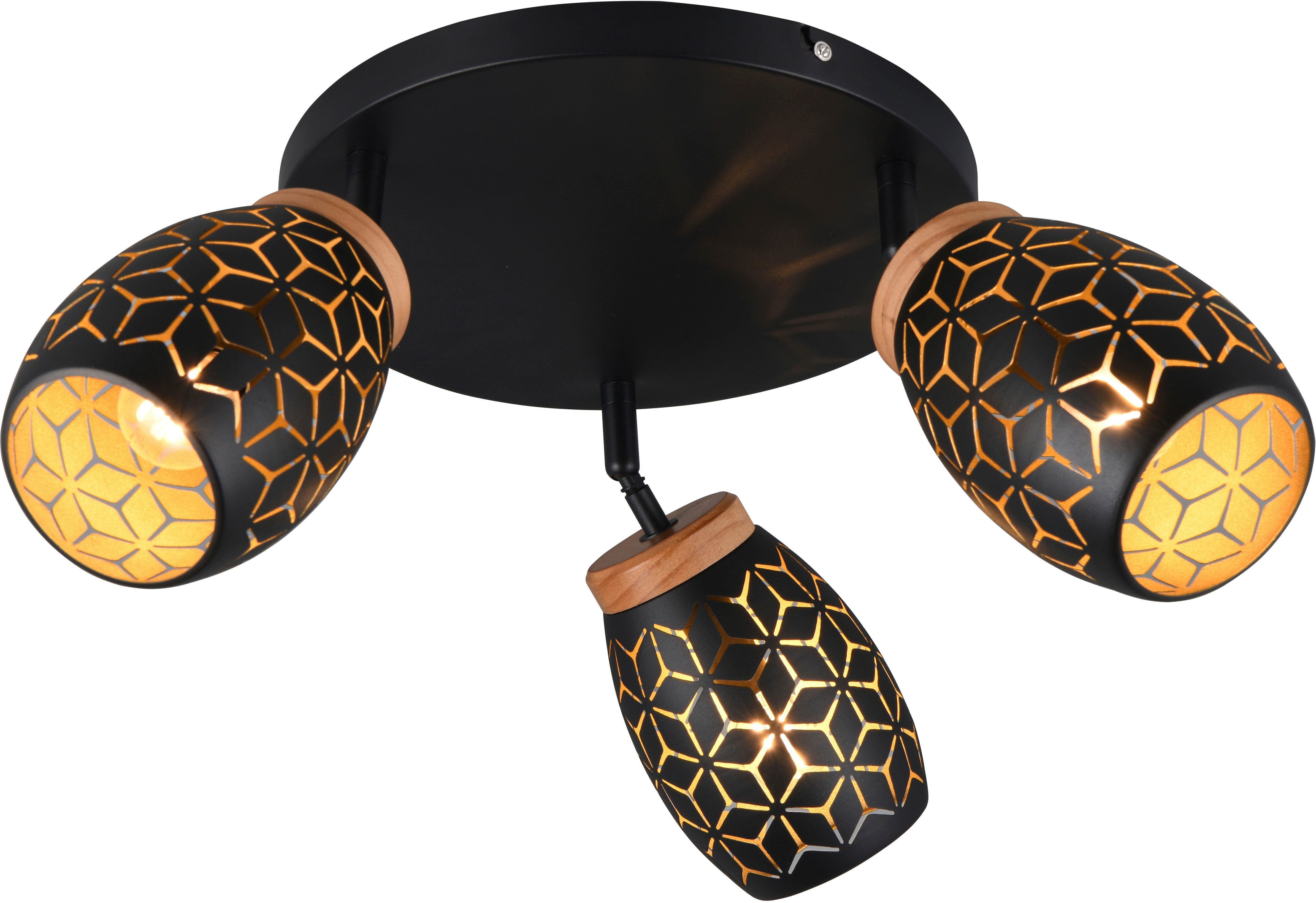 Reality Leuchten Deckenleuchte BIDAR, Deckenlampe mit 3 schwenkbaren Spots, exkl 3x E14 max 10W, Leuchtmittel wechselbar, warmweiß - kaltweiß, Metall-Lampenschirm mit Lasercut Muster und Holz-Dekoelement Ø 58cm