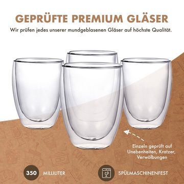 Panteer Gläser-Set Kaffeegläser 4er Set, Ohne Henkel, Doppelwandig & spülmaschinengeeignet, 350ml, für Cappuccino oder Café Crema