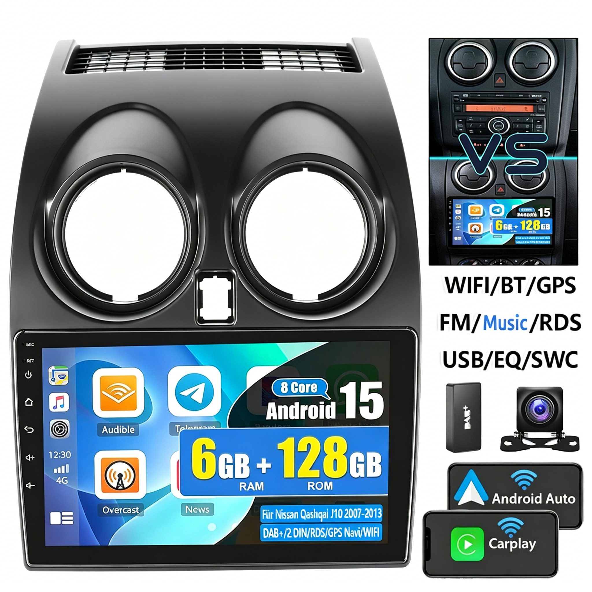 ESSGOO DAB+ Android 15 Für Nissan Qashqai J10 2007-2016 Autoradio 6+128G Autoradio (6GB+128GB, RDS, 4G, FM, AM, DAB+ (optional), Carplay Android Auto Bluetooth EQ USB GPS Navi WIFI Touchscreen)