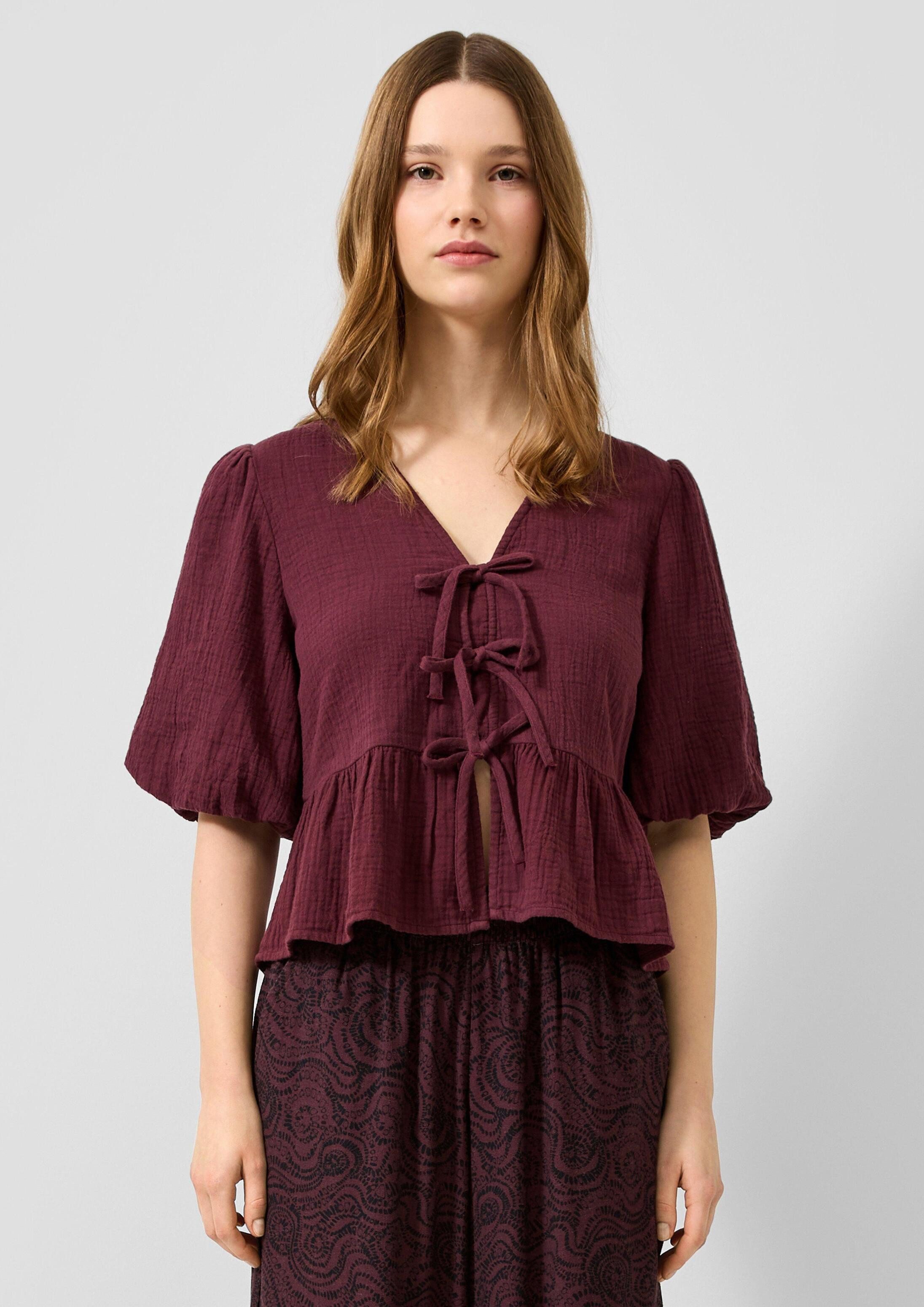 QS Kurzarmbluse Bluse Musselin-Bluse mit Schößchen und Ballonarm