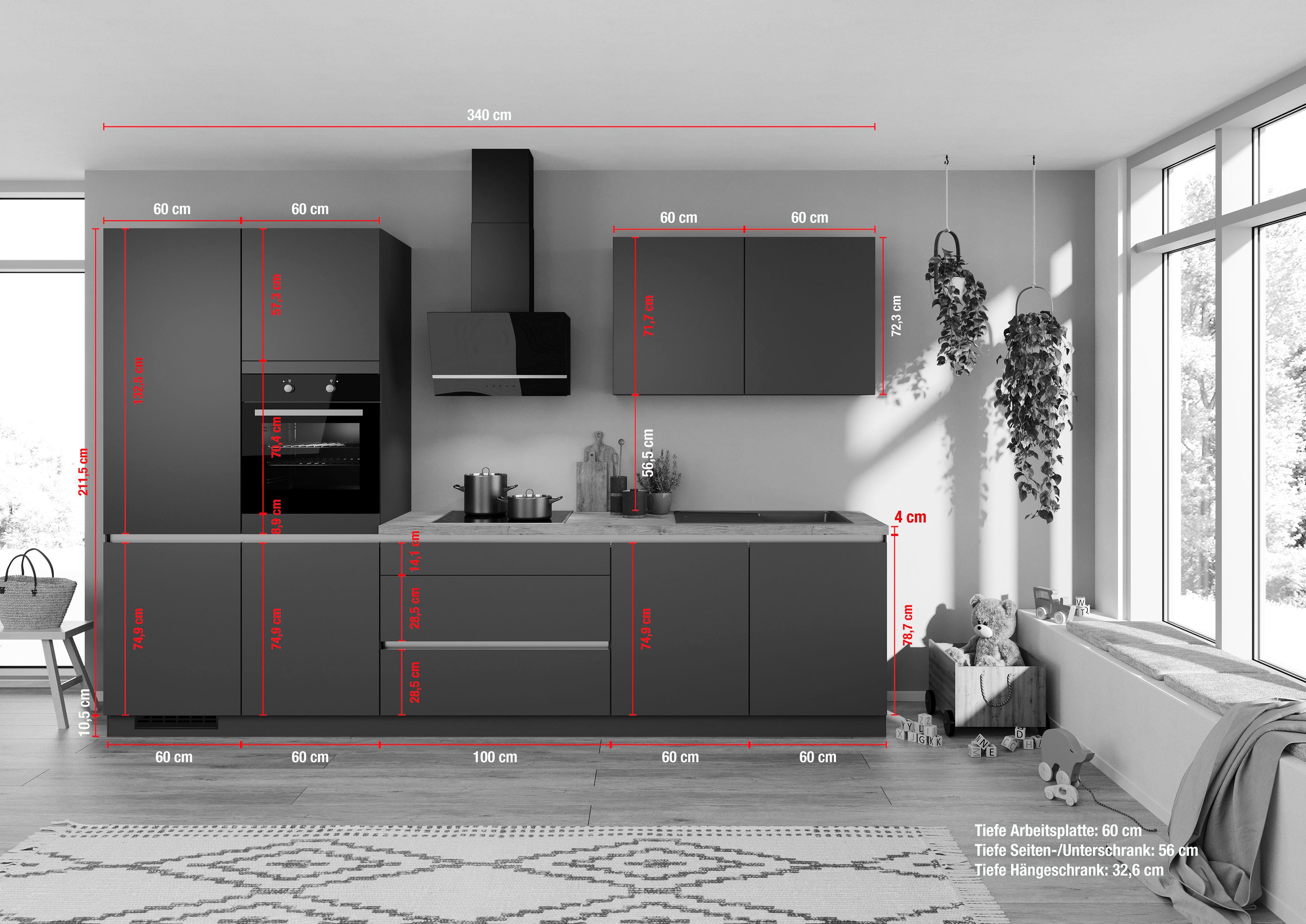 IMPULS KÜCHEN mit cm wahlweise Küche E-Geräten, Vollauszug, 340 mit "Dublin", Breite vormontiert, Grafit