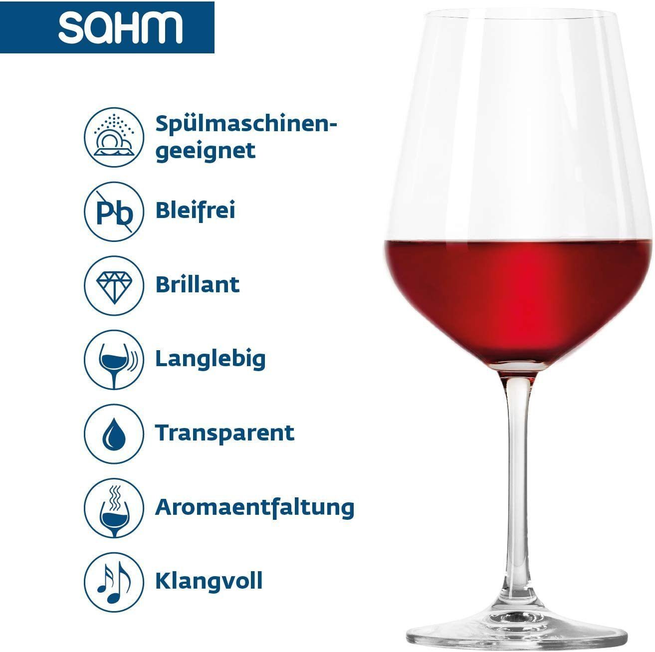 SAHM Rotweinglas Weingläser Rotwein Set 6er - Rotweingläser, Edles Glas, 100% recyclebar