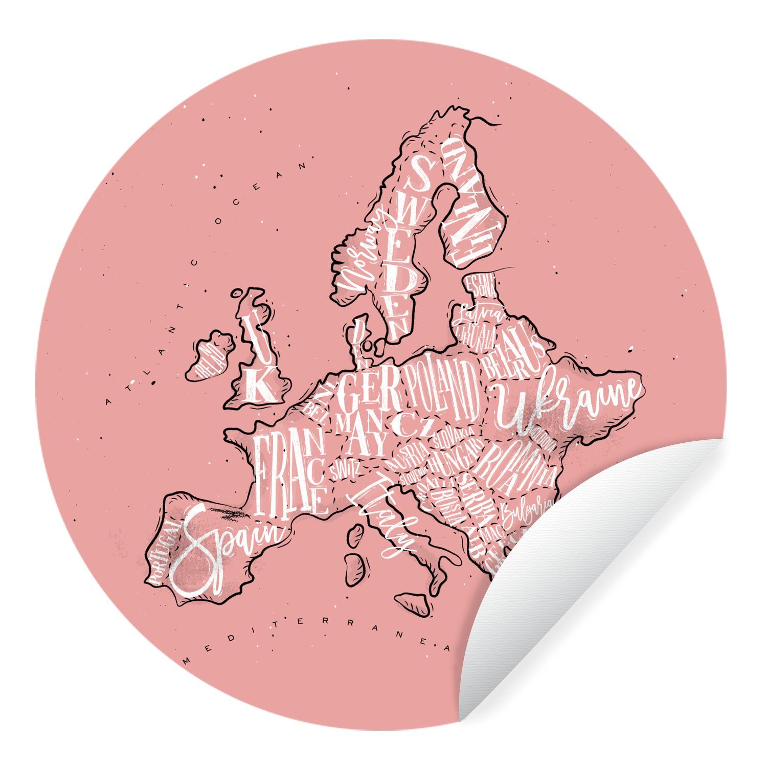 MuchoWow Wandsticker Karte - Europa - Rosa - Briefe (1 St), Tapetenkreis für Kinderzimmer, Tapetenaufkleber, Rund, Wohnzimmer | Wandtattoos