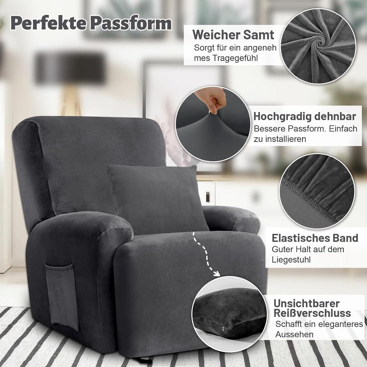 LuxusKollektion Relaxsesselhusse Sesselbezug Stretchhusse Relaxsessel Samt Kissenbezug Grau 1 Sitzer – Bild 5 von 5