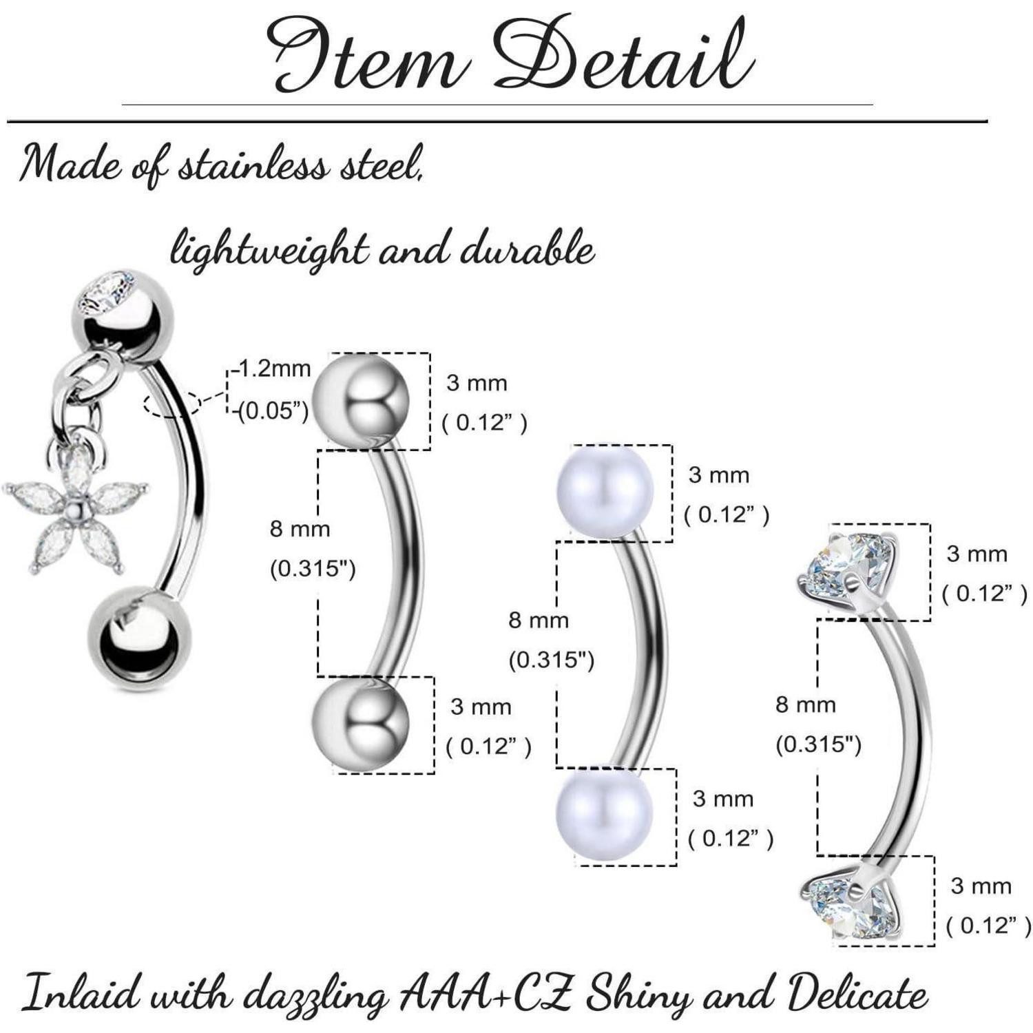 Besyvvin Augenbrauenpiercing Curved Barbell Piercing Augenbrauen Lippe Helix Rook 8mm Edelstahl