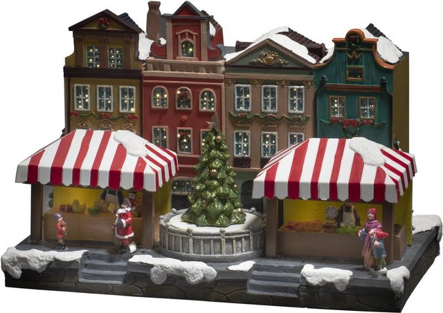 KONSTSMIDE Weihnachtsstadt, LED Fiberoptikhaus mit Stadtszene und rotierendem Weihnachtsbaum, mit Musik-Otto