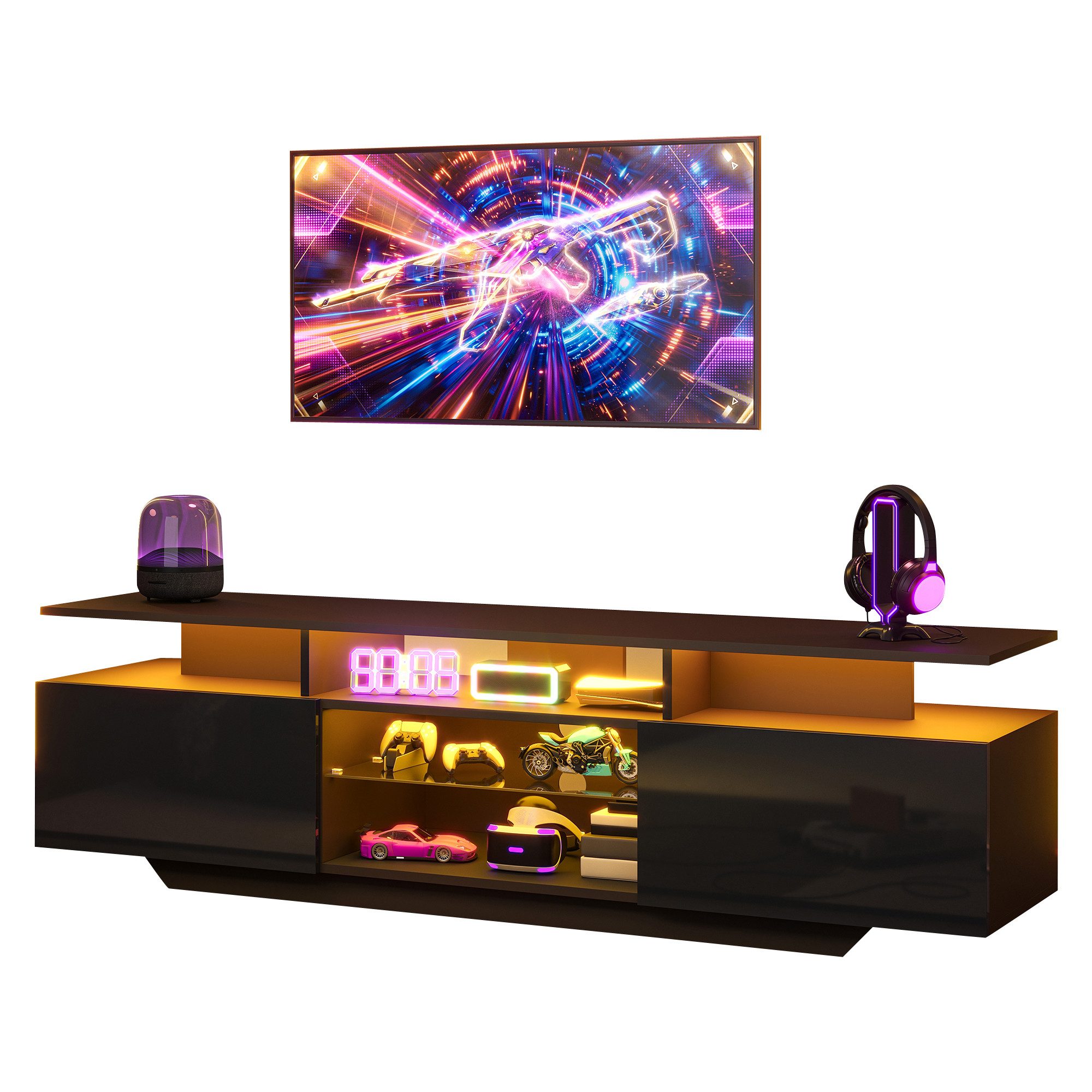 Merax Lowboard mit LED-Beleuchtung, Hochglanzfront & Glasregalen (1 St., für 70-Zoll-Fernseher), TV-Schrank TV-Board mit 2 Schränke & 8 Ablageflächen, 160x40x45cm