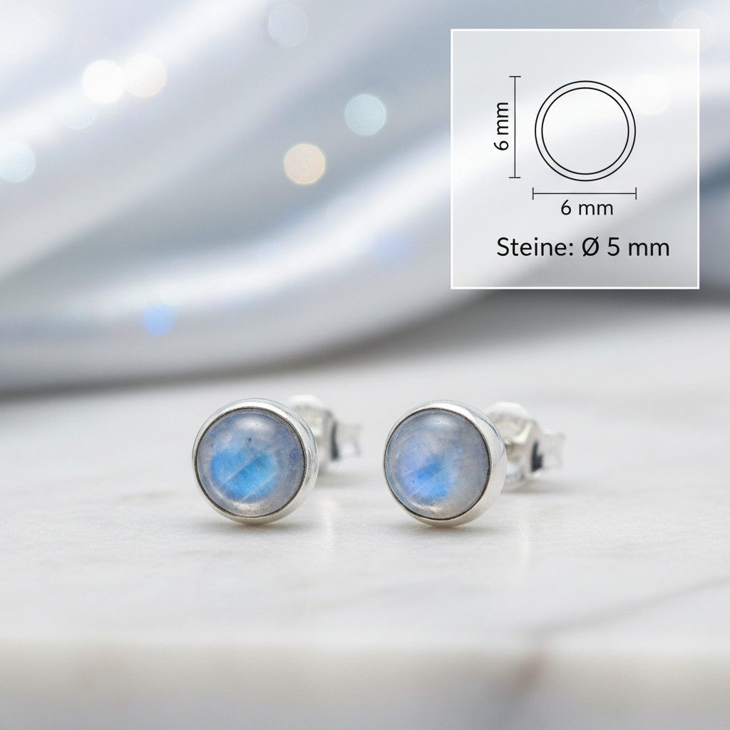 mantraroma Paar Ohrstecker SAMA rund klein aus 925 Silber mit Regenbogen Mondstein (Paar, Paar Ohrringe mit Schmuckbeutel), 925 Sterling Silber Ohrringe für Damen