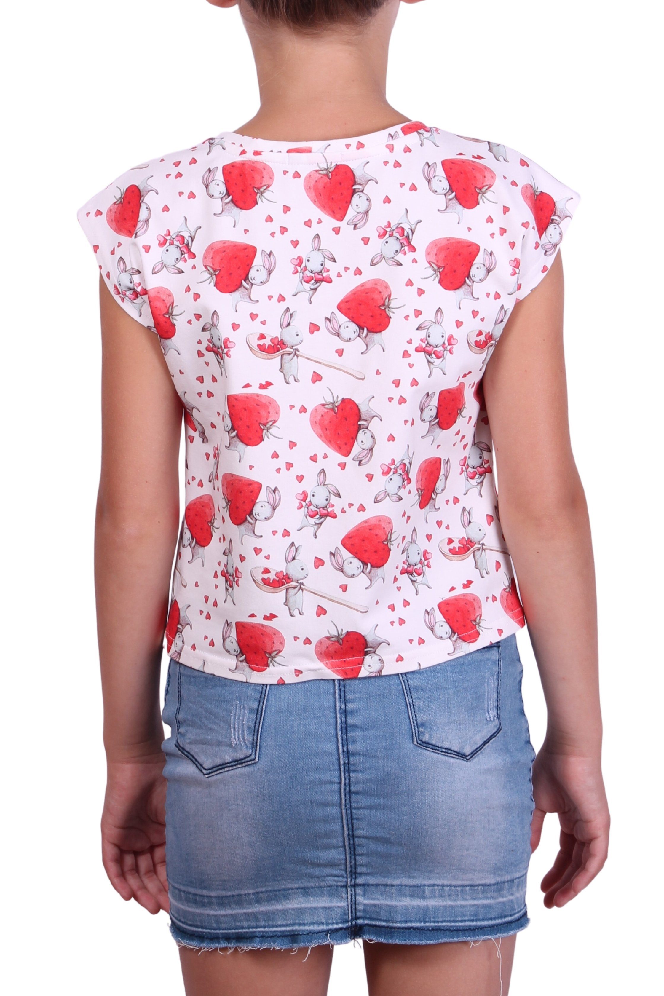 Mädchen T-Shirt mit Print-Shirt für Alloverprint, coolismo Erdbeeren-Häschen-Motiv Rundhalsausschnitt, Baumwolle