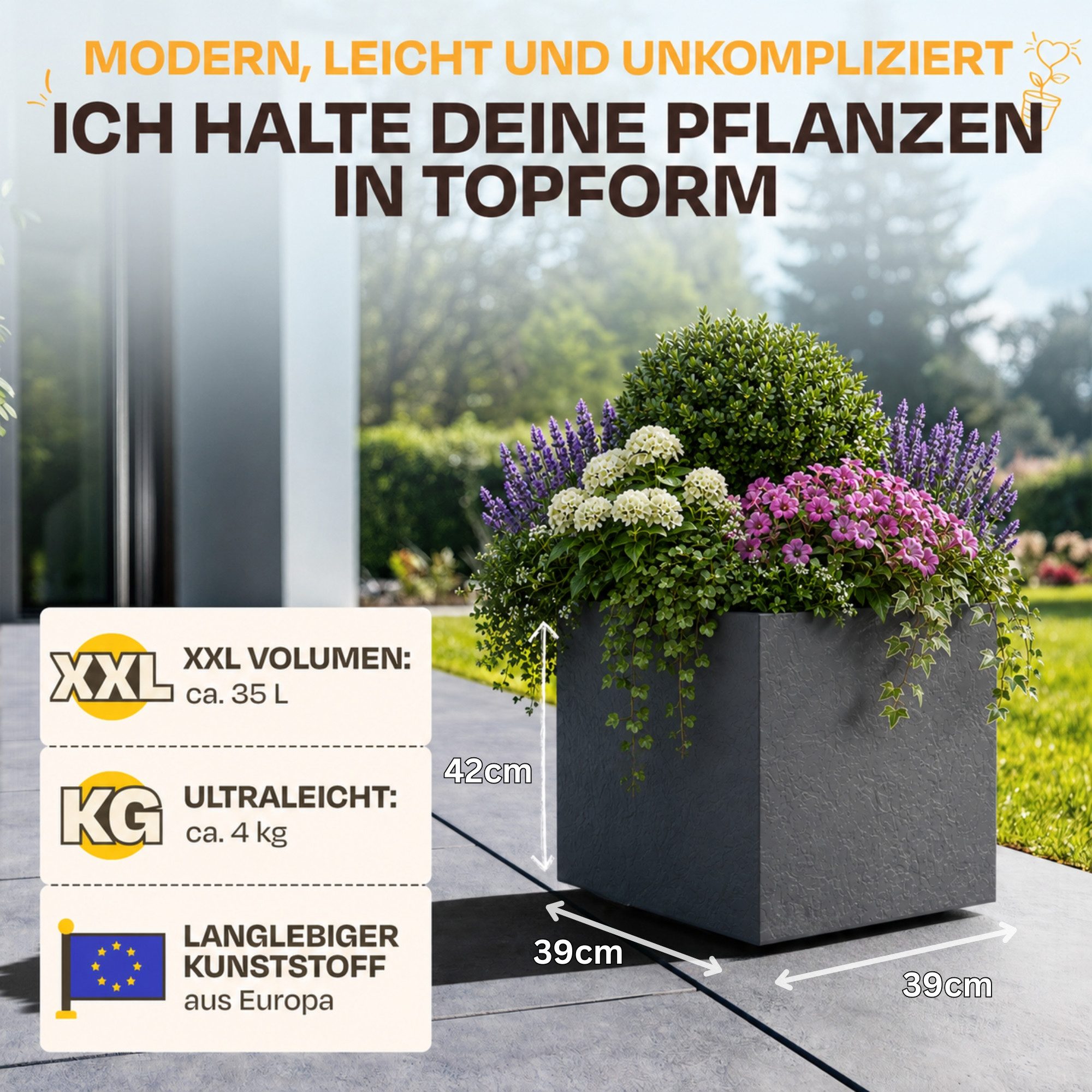 ONDIS24 Pflanzkübel Pflanzkübel Blumenkübel Blumentopf Vulkan 40, Gestein/Basalt/Graphit Optik mit Wasserspeicher