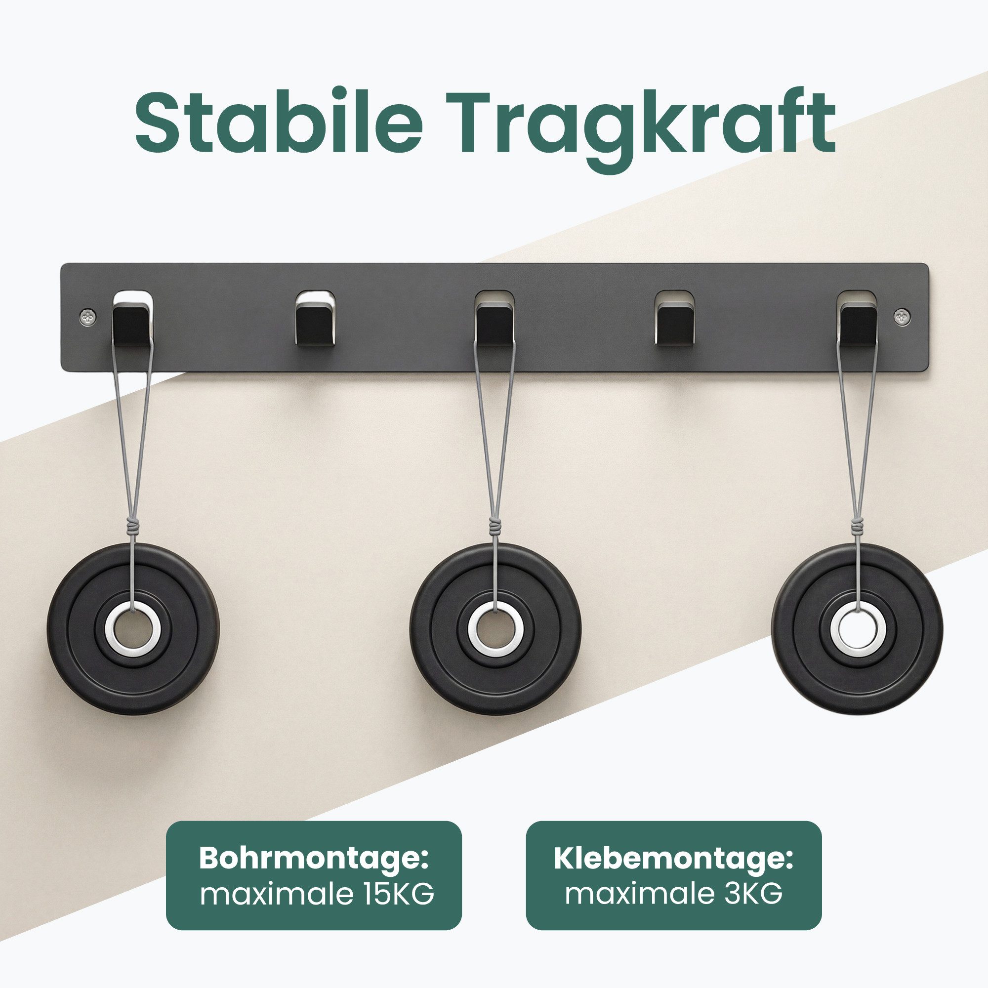 Mai & Mai Hakenleiste Wandgarderobe Wandhaken 5 Haken Kohlenstoffstahl Stalo-14, 45° Anti-Rutsch Haken,Kleben oder Bohren,Kohlenstoffstahl, rostfrei