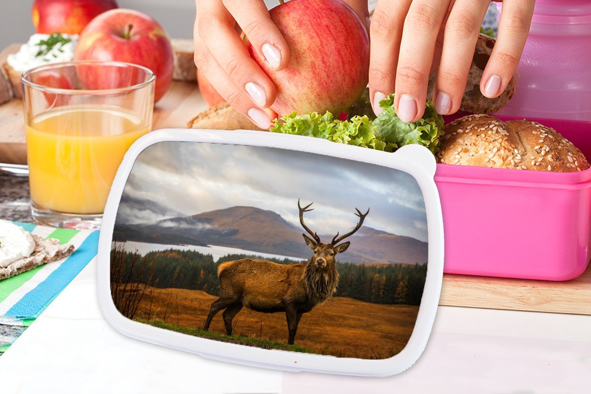 Kunststoff, Kunststoff MuchoWow Brotbox rosa - Lunchbox Brotdose Tiere - Berge Erwachsene, - Hirsche Wasser - Kinder, für (2-tlg), Landschaft - Mädchen, Snackbox, Bäume,