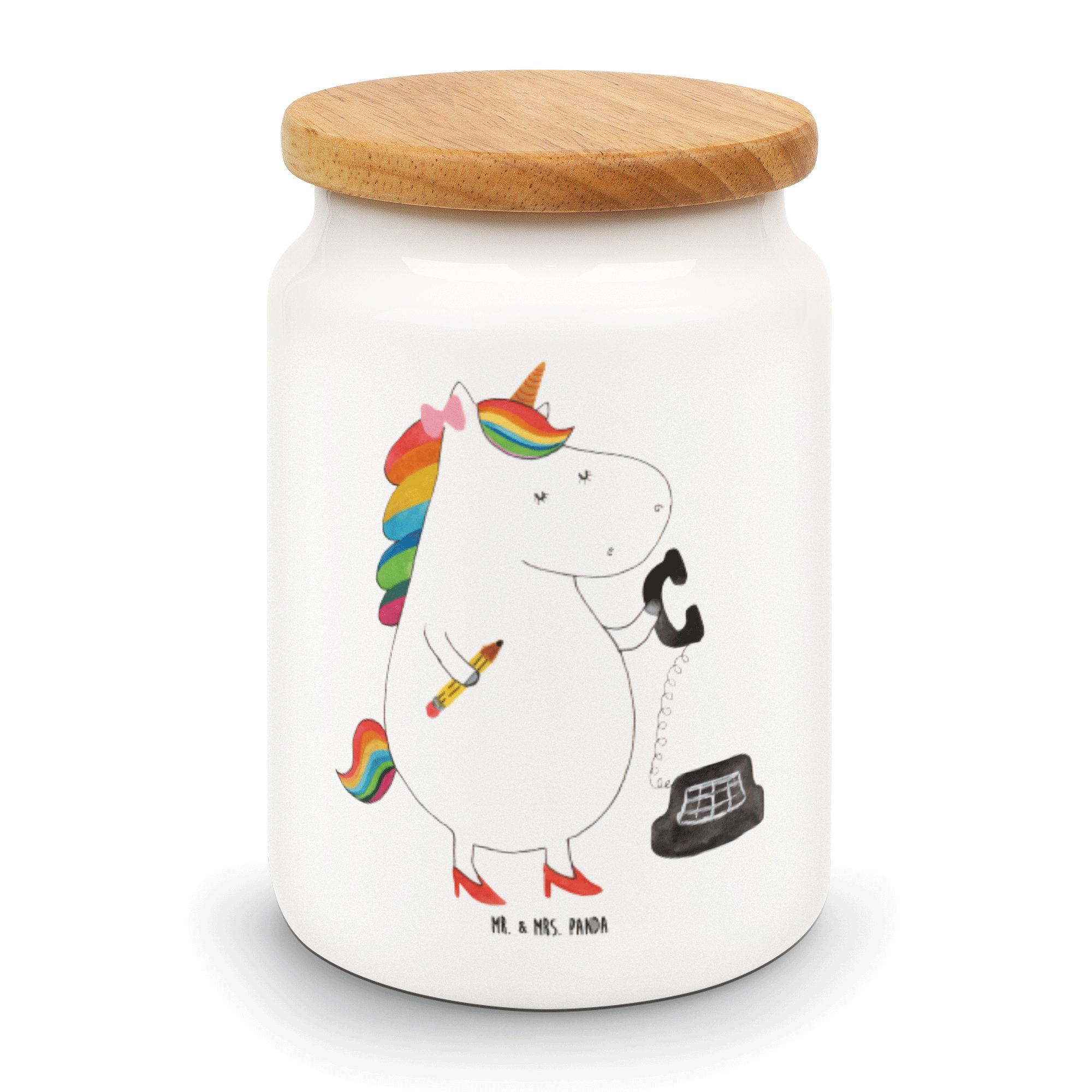 Mr. & Mrs. Panda Vorratsdose Einhorn Sekretärin - Weiß - Geschenk, Pegasus, Vorratsbehälter, Bürok, Keramik, (1-tlg)