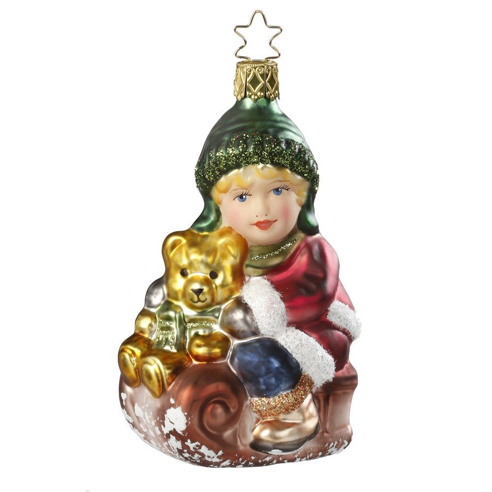 Christbaumschmuck, bunt, 11cm mit Kind 1 auf Glas Schlitten Teddy INGE-GLAS® Christbaumschmuck Stück