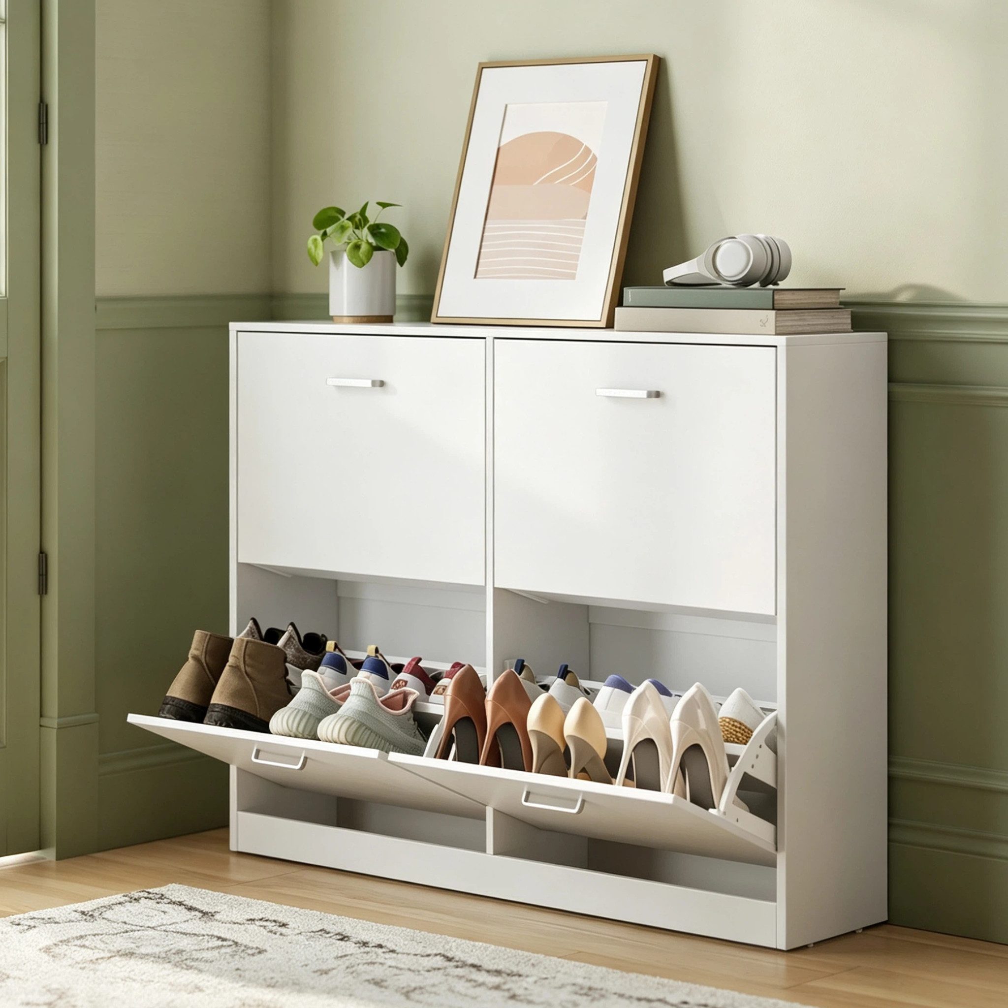VASAGLE Schuhschrank 4 Klappen, Schuhkipper, Schuhregal schmal, Trennwand verstellbar Für 16-28 Paar Schuhe, EU-Größe bis 48,5, Flur Eingangsbereich