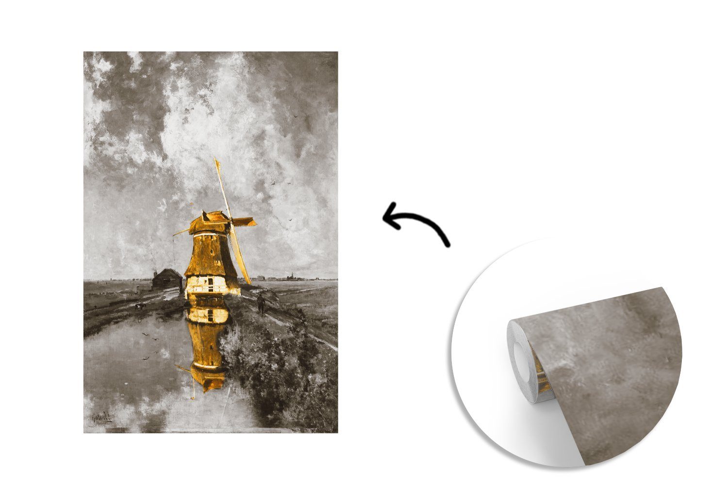 Gold, einem Matt, Polderkanal (3 Mühle bedruckt, für Gabriel - an MuchoWow St), Montagefertig Wandtapete Wohnzimmer, Vinyl - Tapete Fototapete