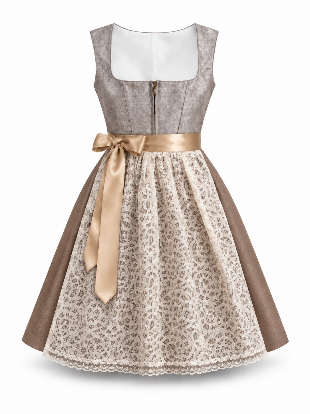 CMRBALL Dirndl Elegantes Spitzen Dirndl in Taupe (Set, 2-teiliges Set: Dirndlkleid und Spitzenschürze) Spitzenschürze, Satinschleife und Frontreißverschluss