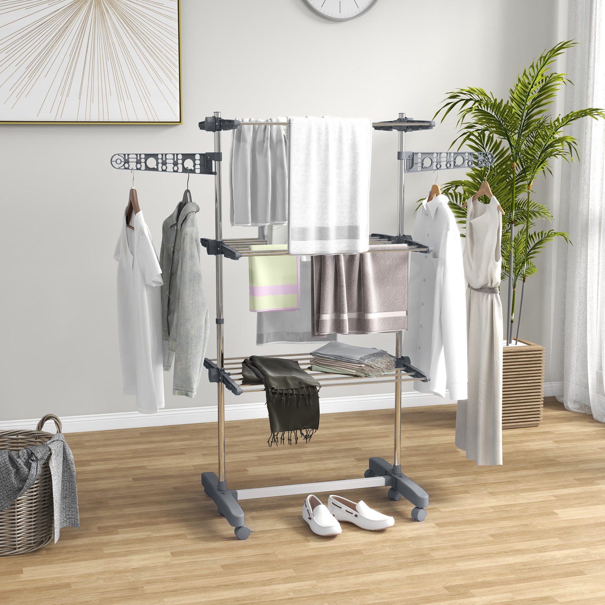 HOMCOM Wäscheständer Turm Standtrockner mit 3 Ebenen, klappbare Flügel, Rollen, für Indoor, Outdoor, Stahl Grau 80,142 x 55 x 152 cm