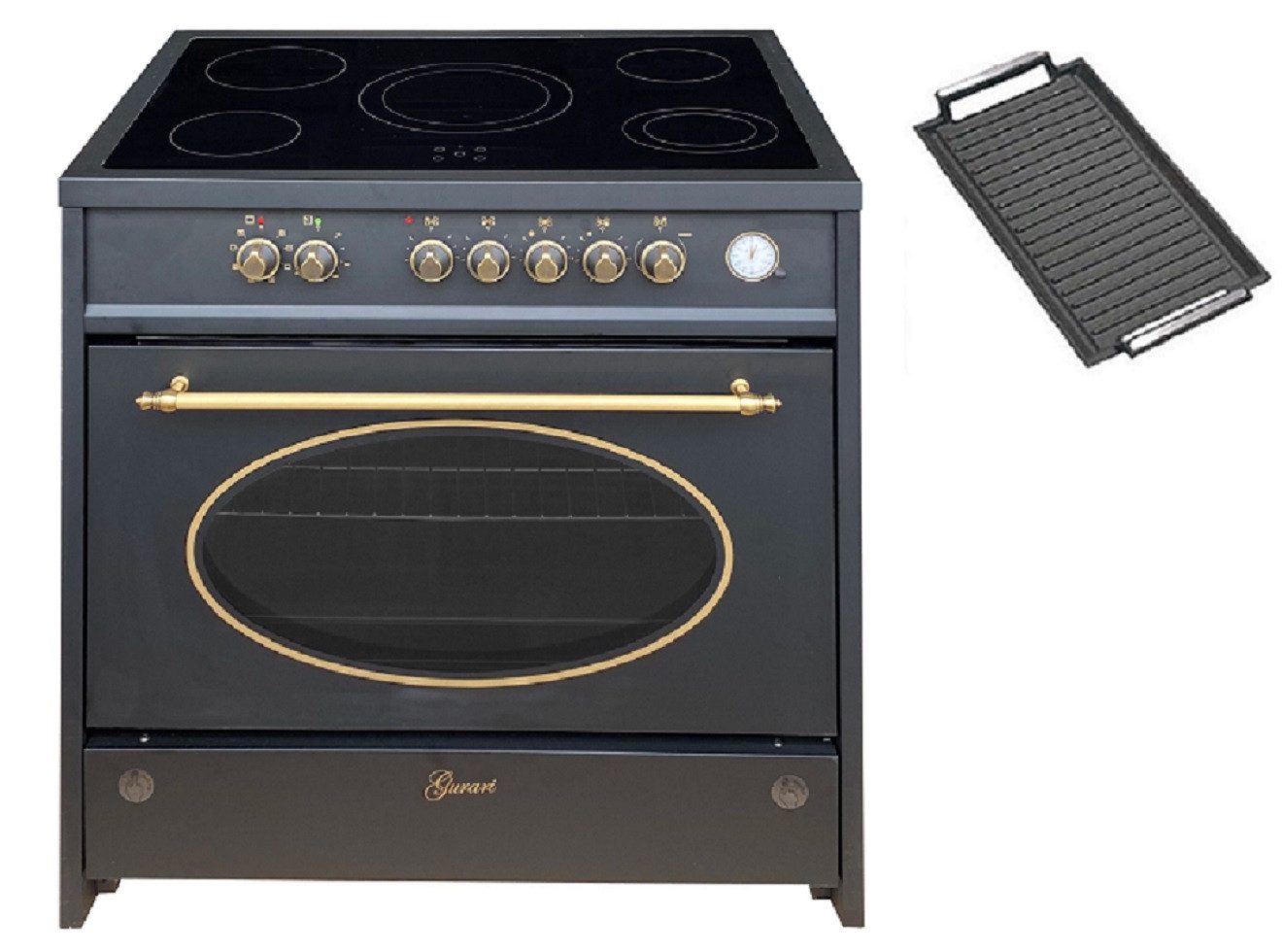 GURARI Elektro-Standherd Retro Glaskeramik Herd 90 cm in Schwarz Range Cooker GCH E 912 Cr r+Grillplatte, XXL Backofen 121 L, mit 1-fach-Teleskopauszug
