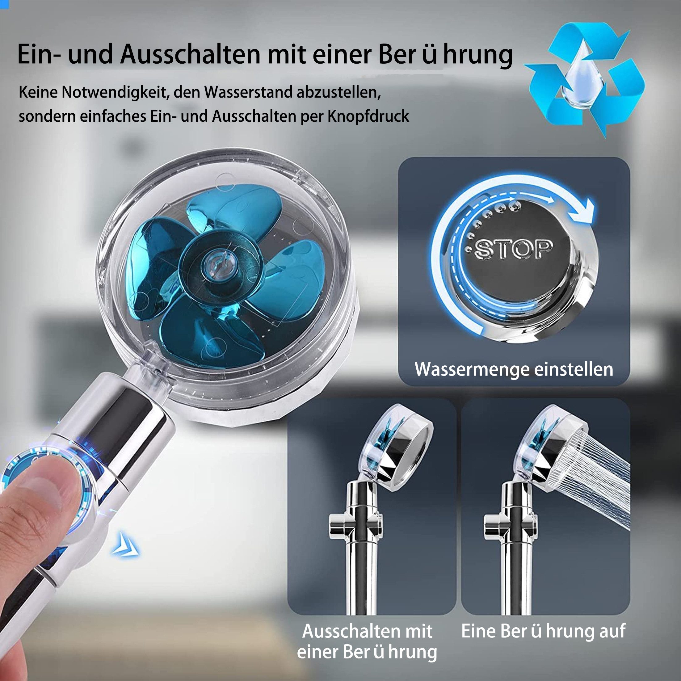 KINSI Handbrause Handbrause Filterbrause, 360° schwenkbar, turbogeladen, 2 PP-Filter, mit 2-Punkt-Baumwollkartusche, Hochdruck-Wassersparbrause
