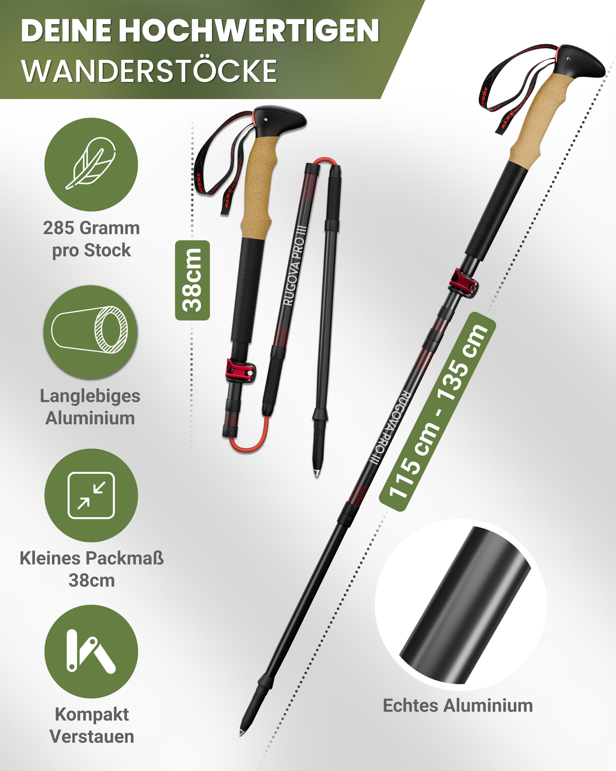 Alpenwert Wanderstöcke faltbar Nordic Walking Stöcke Damen Herren Trekkingstöcke Trekking (NEUHEIT, 12 Teiliges Set), Wanderstöcke Faltbar