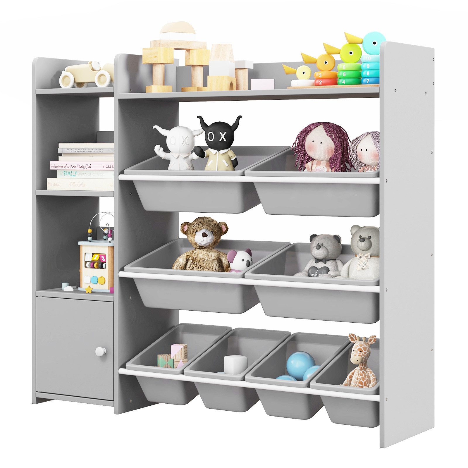 COSTWAY Kinderregal, 4-stöckiges Aufbewahrungsregal mit 8 Behältern & Schrank
