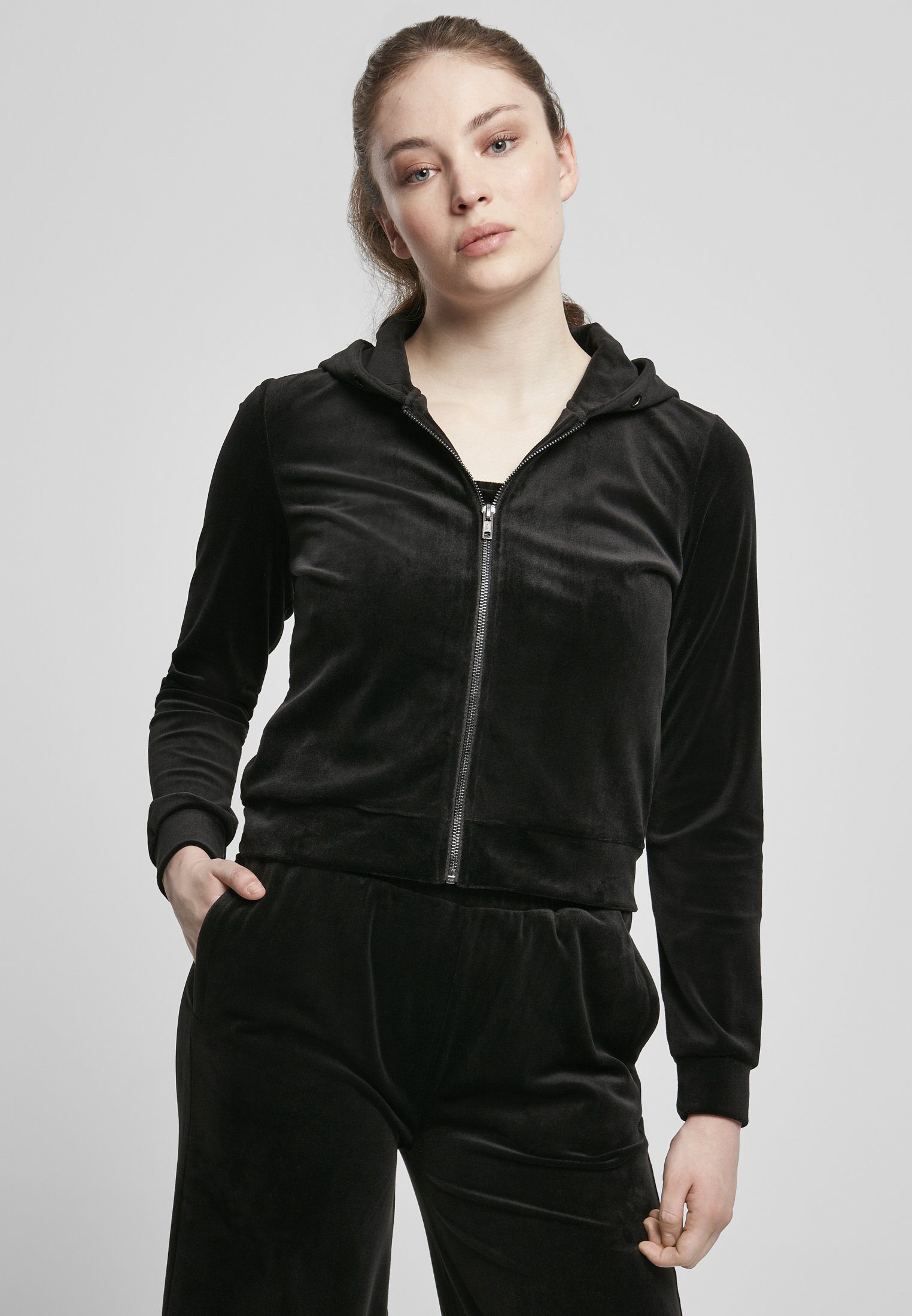 URBAN CLASSICS Sweatjacke Damen Ladies Short Velvet Zip Hoody (1-tlg) black | Zip Hoodies