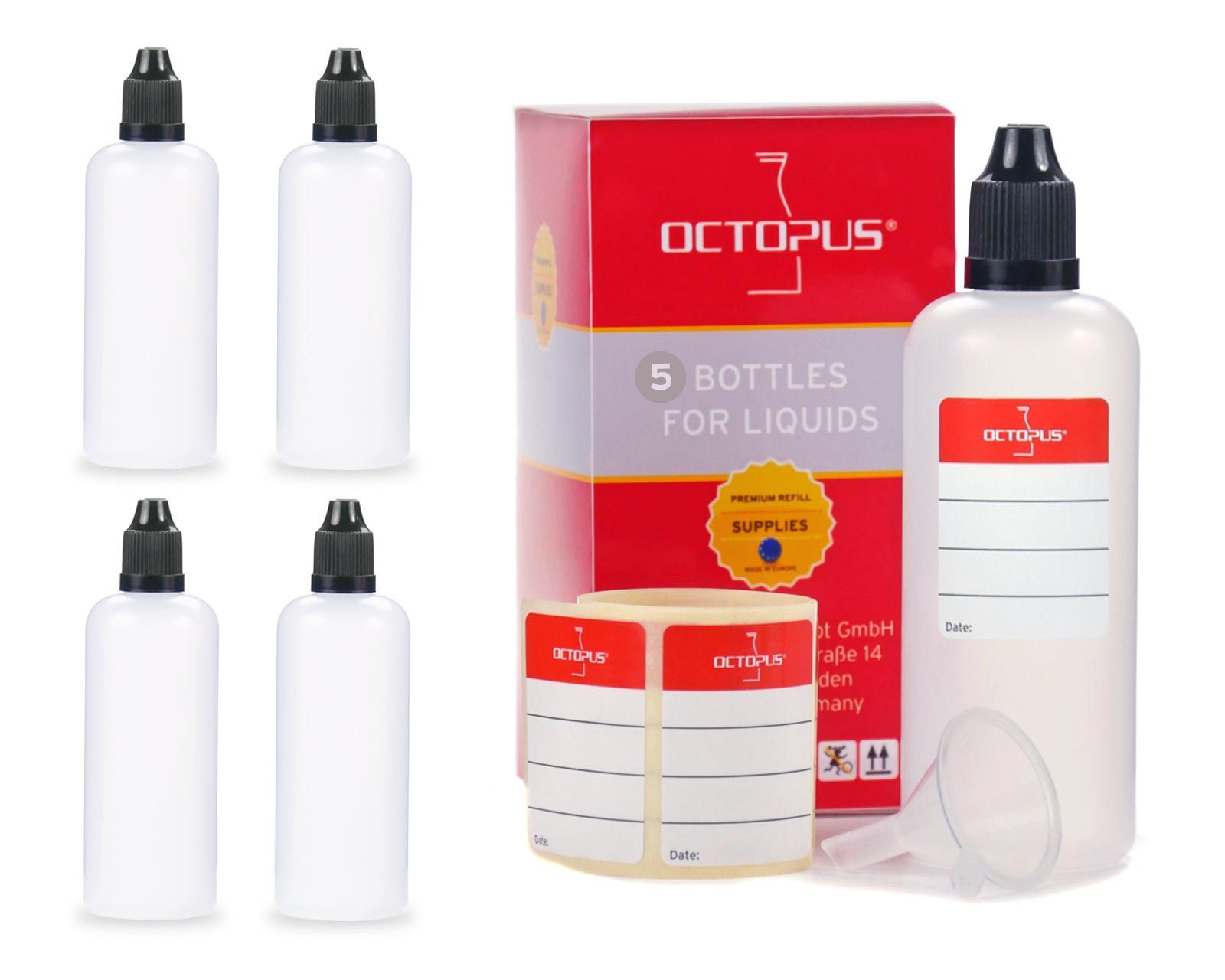 OCTOPUS Kanister 5 Plastikflaschen 100 ml LDPE, G14, Tropfeinsatz, Deckel schwarz, 1 (5 St)