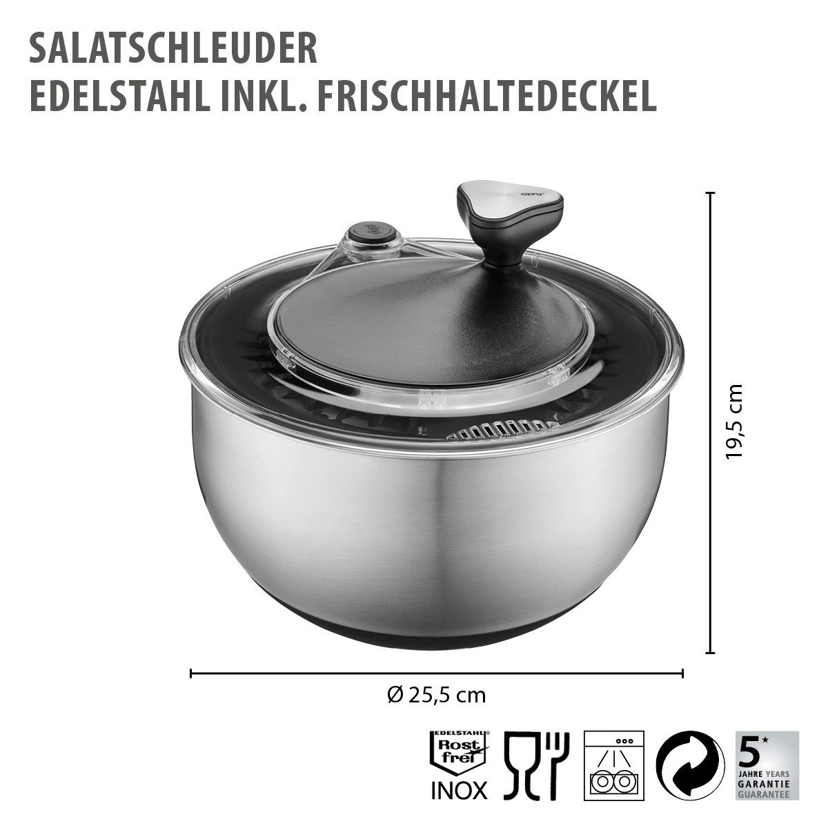 GEFU Salatschleuder Edelstahl inkl. Frischhaltedeckel, 4,5 L