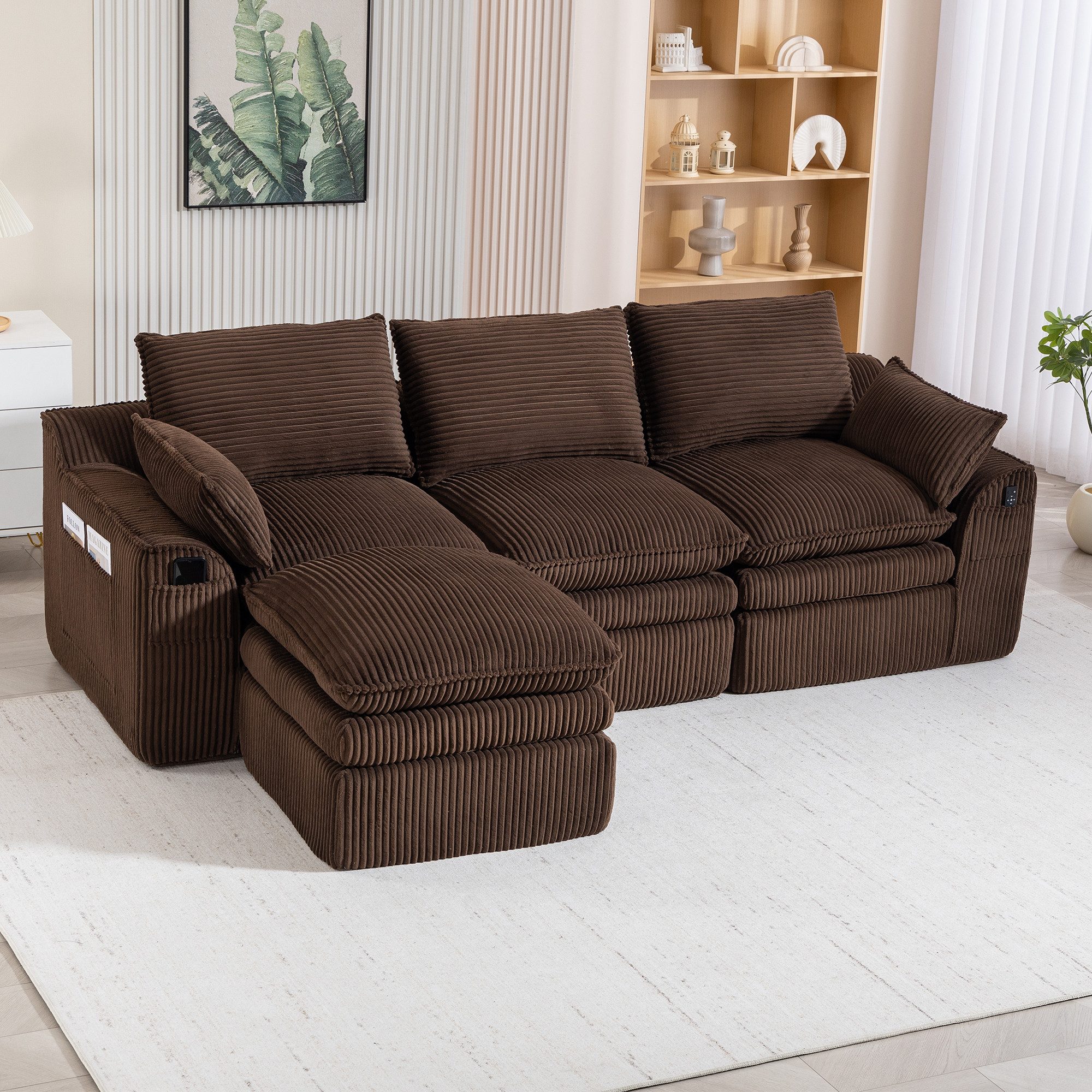 HAUSS SPOLE Loungesofa mit Seitentaschen,Dreisitzer Relaxsofa Sitzgruppe mit Hockern,Braun, Schwammstruktur mit integriertem Federkern, Frei kombinierbar – für Wohnzimmer, Büro & mehr