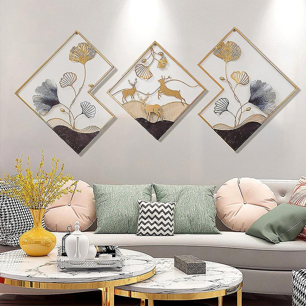 NUODWELL Wanddekoobjekt 3 Stück Eisen Ginkgo Wandskulpturen Metall Wandbeha günstig online kaufen