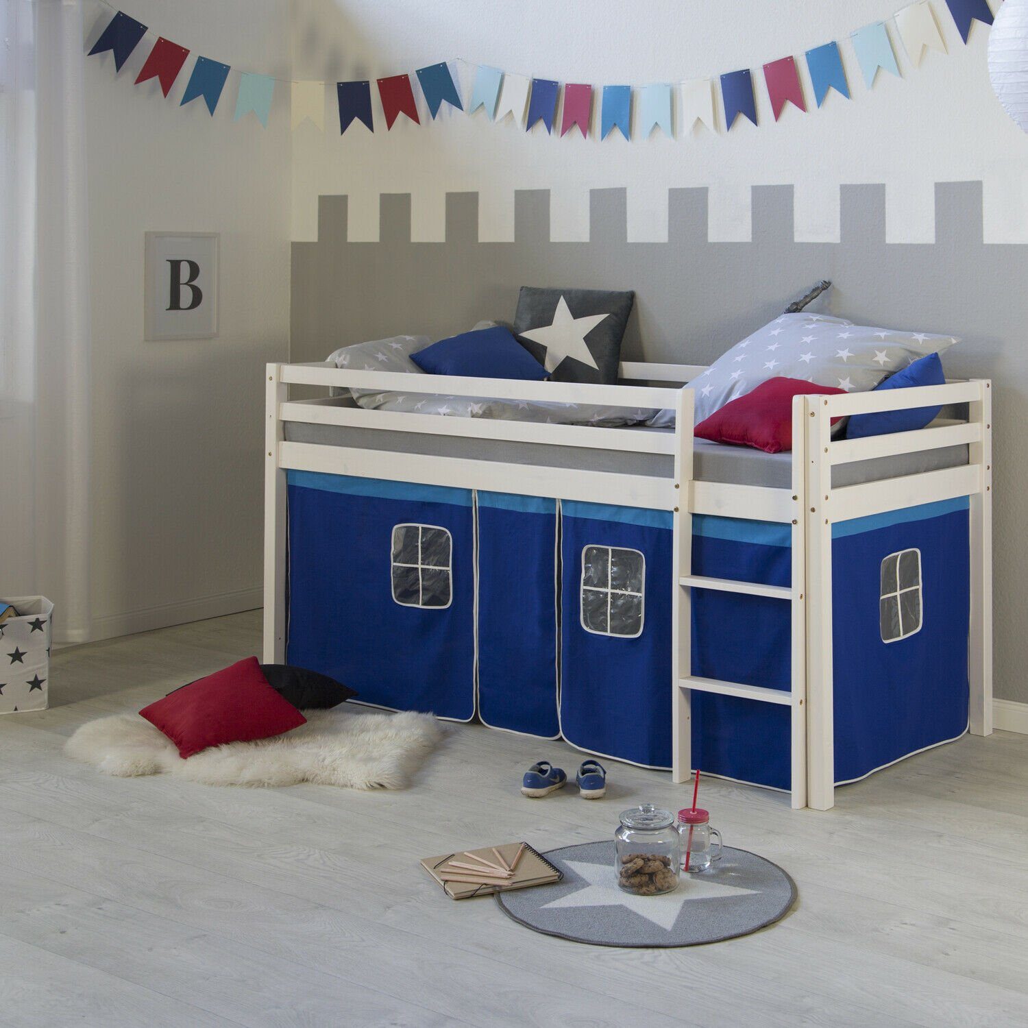 Homestyle4u Hochbett 90x200 cm Stockbett Kinderbett Holz Kiefer Spielbett mit Vorhang mit Vorhang