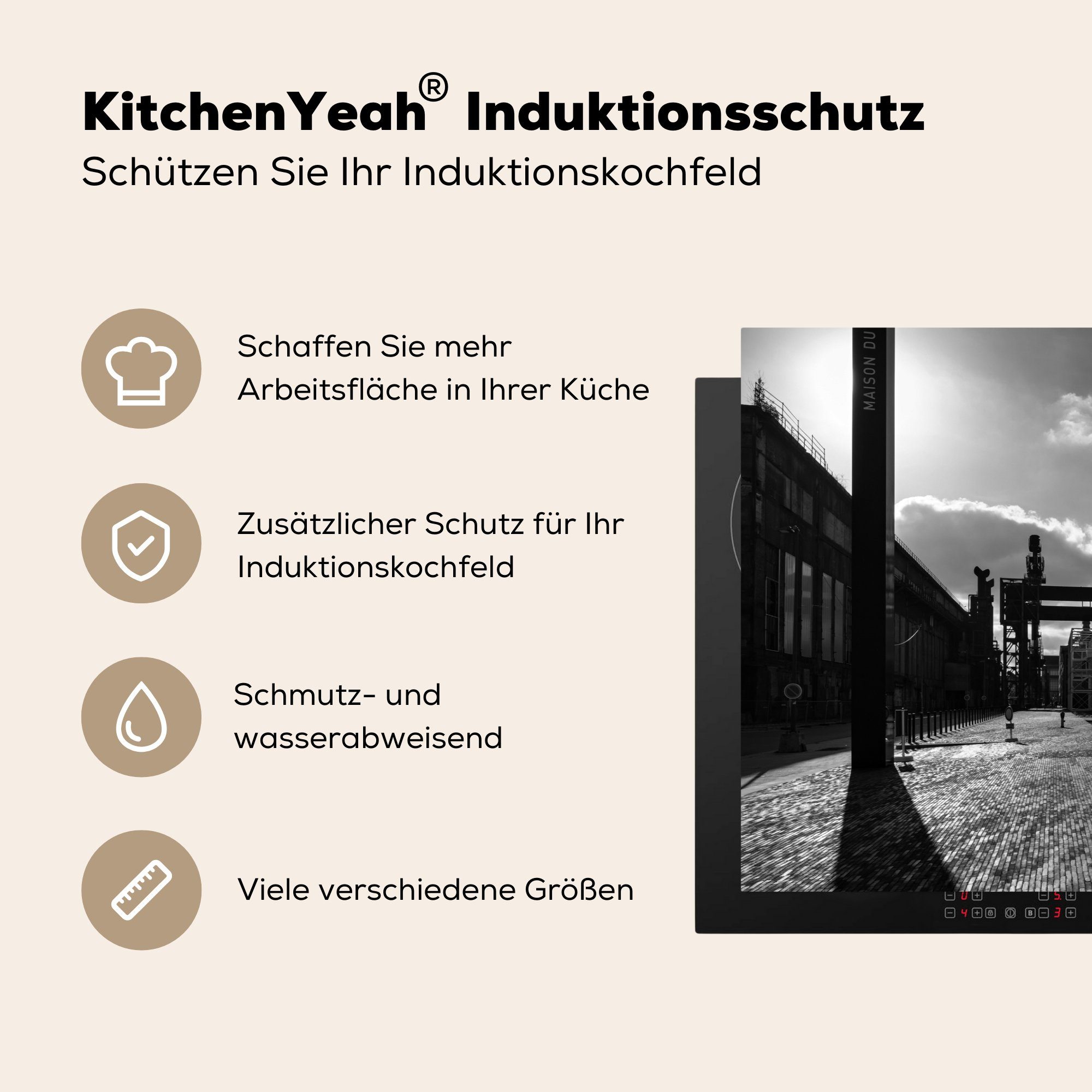 Ceranfeldabdeckung 81x52 Weiß, Induktionskochfeld für MuchoWow küche, cm, Industrie die - (1 Vinyl, Schutz - - Luxemburg Schwarz Herdblende-/Abdeckplatte tlg),