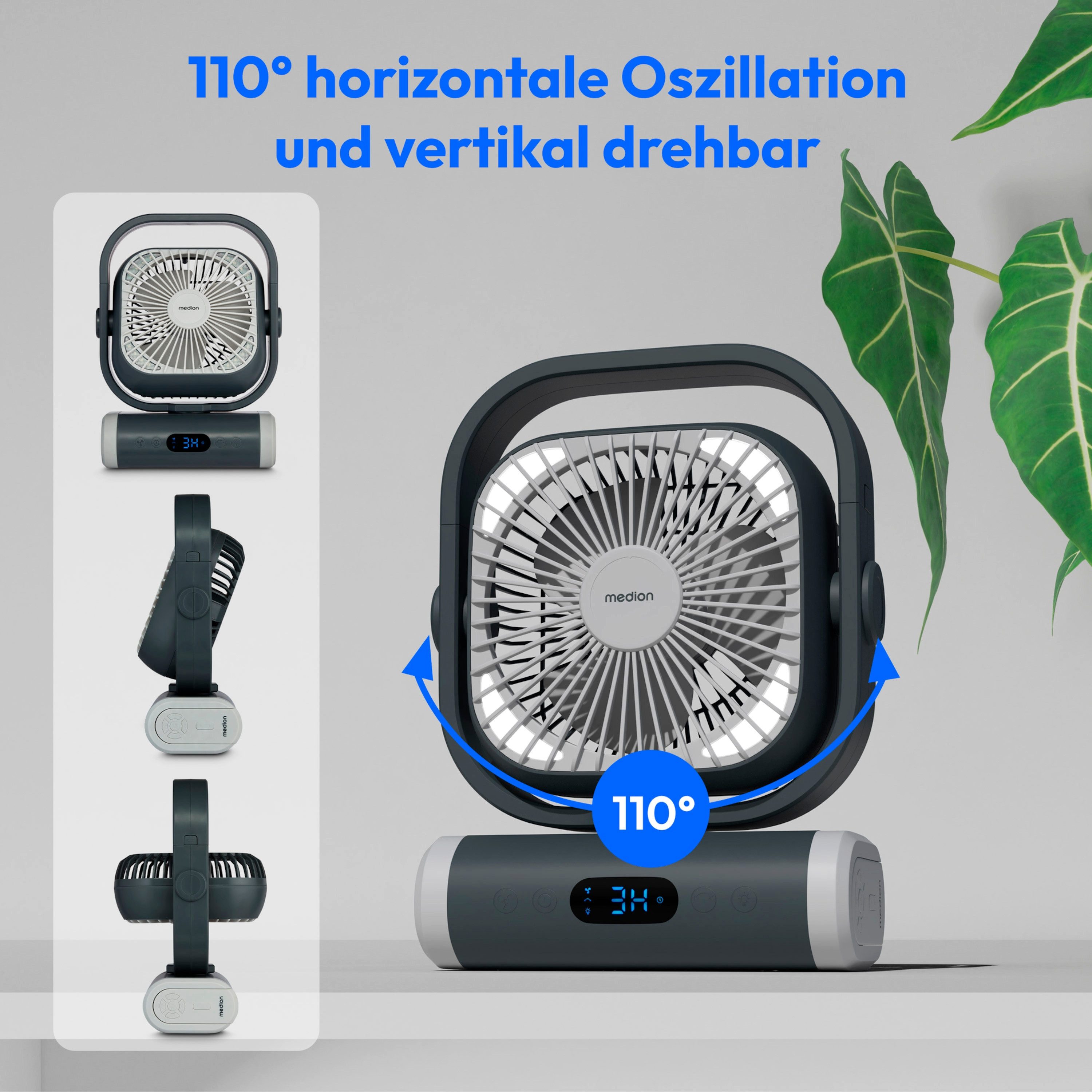 Medion® Akku-Ventilator MEDION LIFE Camping Ventilator E10 TF, 5 Stufen, 20 W, Neigbarer Kopf, Timer, Oszillation 110°, Haken zum