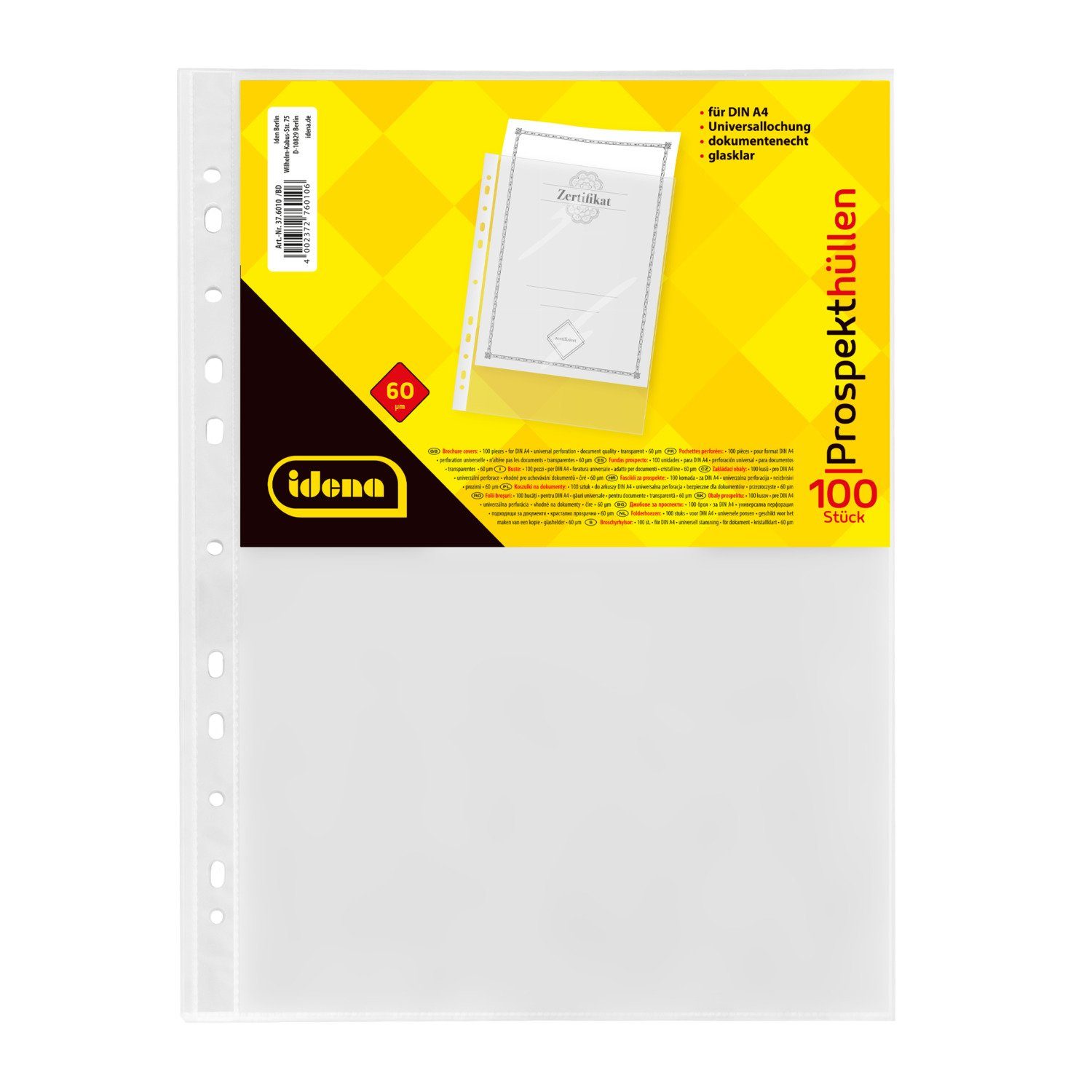 Idena Prospekthülle Idena 376010 - Prospekthüllen DIN A4 Format, dokumentenecht, glasklar