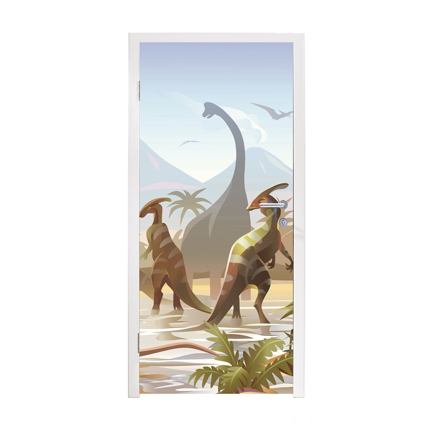 MuchoWow Türtapete Dinosaurier - Landschaft - Tropisch - Kinder - Jungen, Matt, bedruckt, (1 St), Selbstklebende Tapete, Folie für Möbel, 75x205 cm