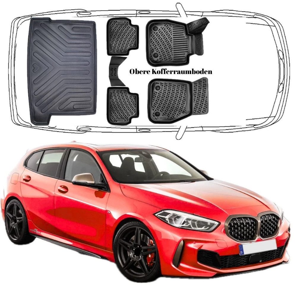Trimak Passform-Fußmatten Oder Kofferraumwanne Oder Set kompatibel mit BMW 1 Series, BMW 1er F40 2019-2024 Gummimatten Auto & Obere Kofferraummatte
