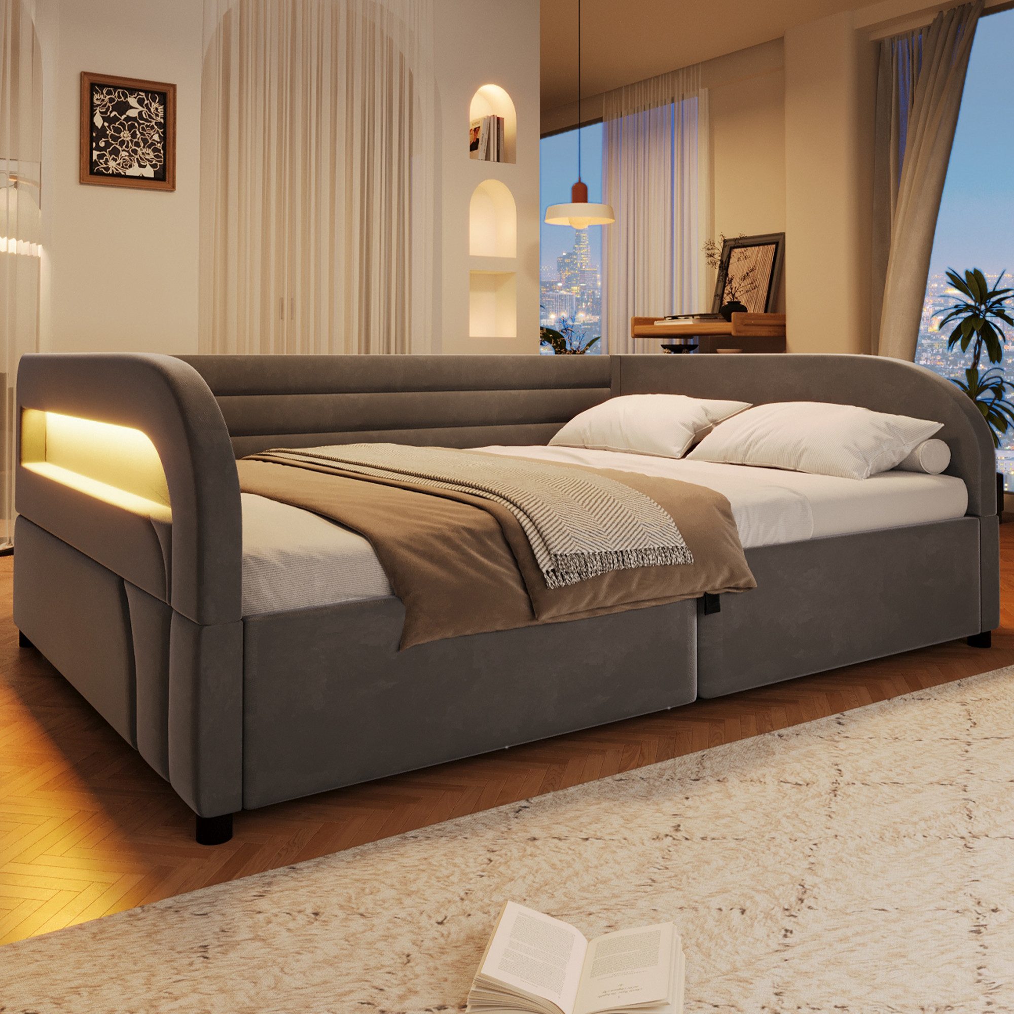 Odikalo Schlafsofa Schlafcouch 90x200 140x200 mit LED, mit Bettkasten oder Ausziehbett
