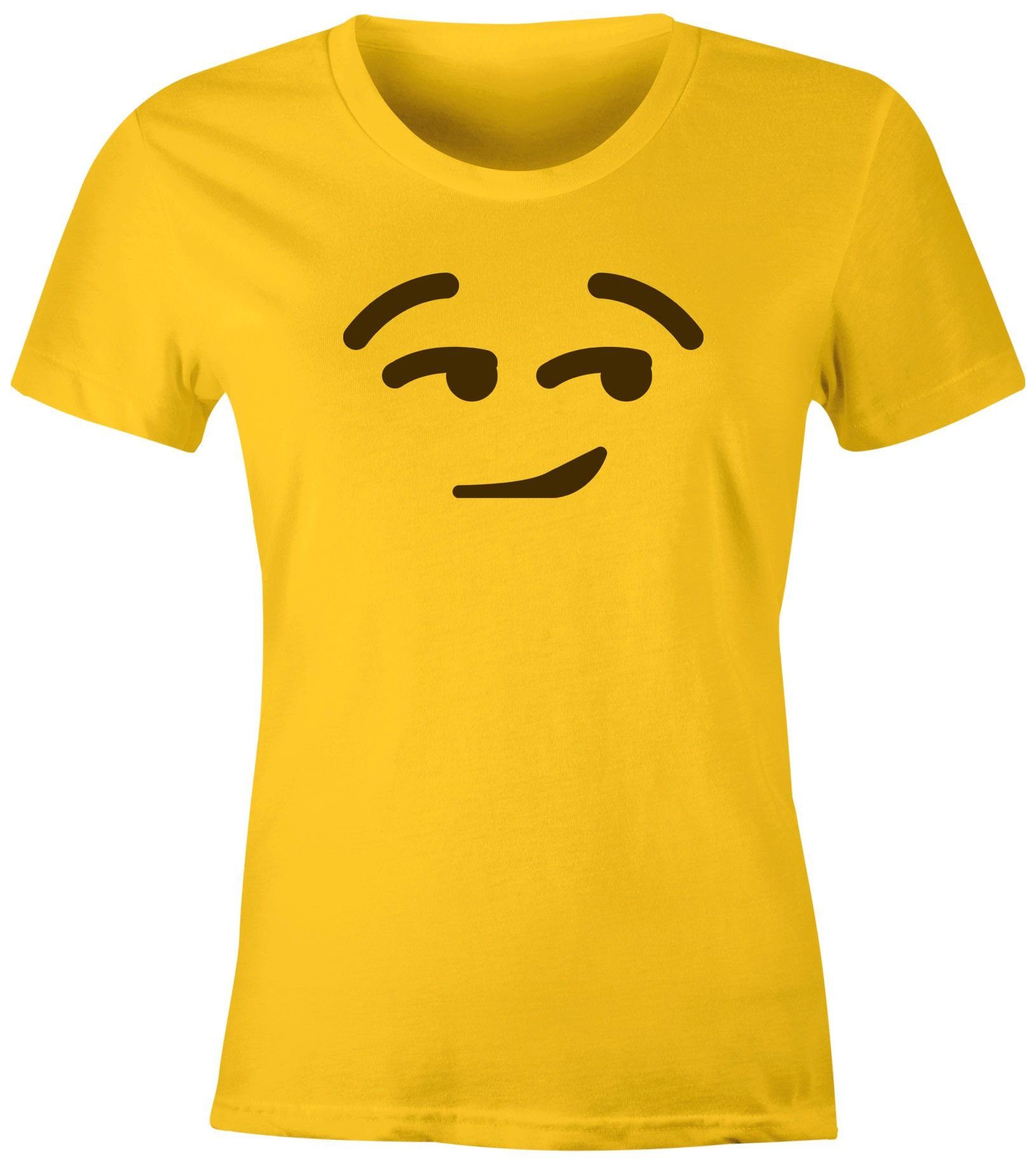 MoonWorks Print-Shirt Damen T-Shirt Emoticon Gruppenkostüm Fasching Karneval Junggesellenabschied JGA lustig Fun-Shirt Moonworks® mit Print Smirk gelb