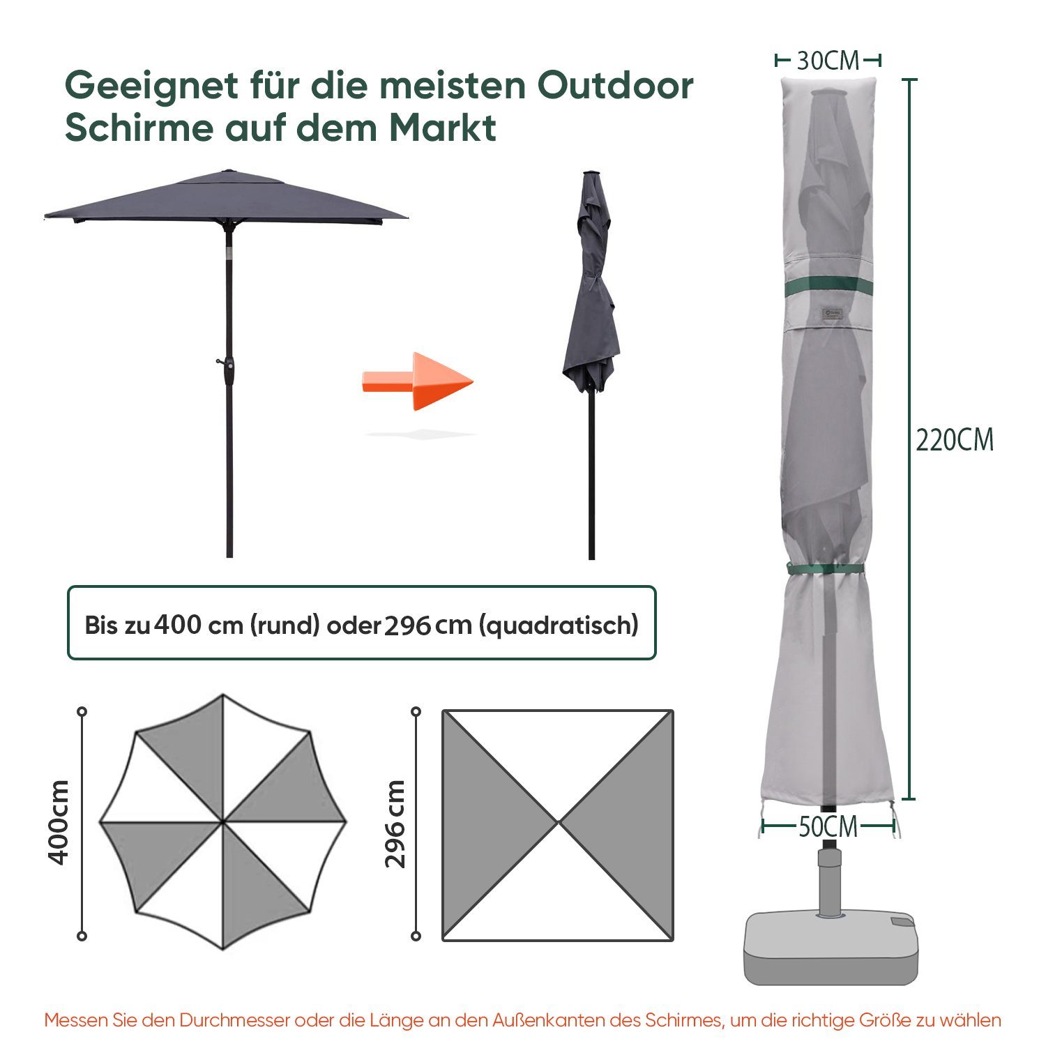 Ø Ø Stab 200 cm, bis mit Sonnenschirme 400 Abdeckhauben eckige für cm, 400 und zu Hellgrau Sonnenschirme x bis 300 Marketschirm Sekey cm Sonnenschirm-Schutzhülle Reißverschluss,